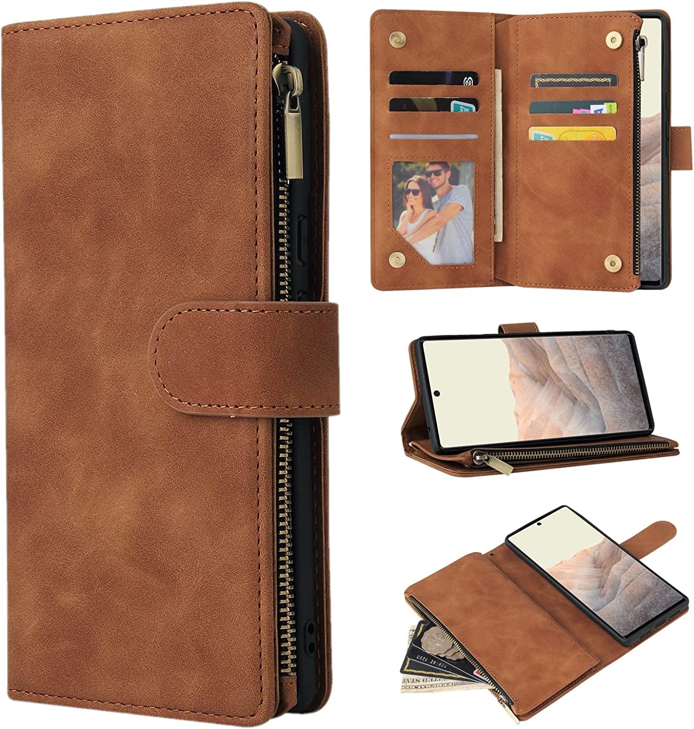 ZZXX Google Pixel 6 Pro Case Wallet with Card Slot Premium Soft PU Leather Zipper Flip Folio Wallet with Wrist Strap Kickstand Protective for Google Pixel 6 Pro Wallet Case(Blue 6.7 Inch)  ZZXX Brown Google Pixel 6 Pro 