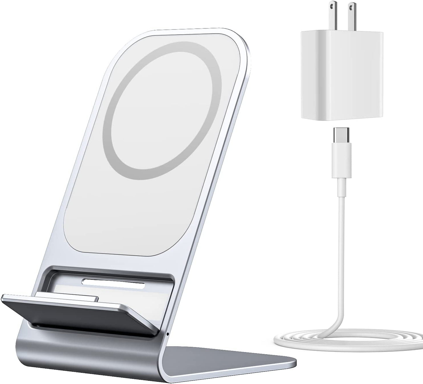 DSUSMA 15W Magnetic Wireless Charger Compatible with Magsafe Charger/Iphone 14/14 Pro/14 Plus/14 Pro Max/Iphone 13/13 Pro/13 Pro Max/Iphone 12 Series, with 20W Power Charger+5Ft Charger Cable(Black)  DSUSMA Silver  