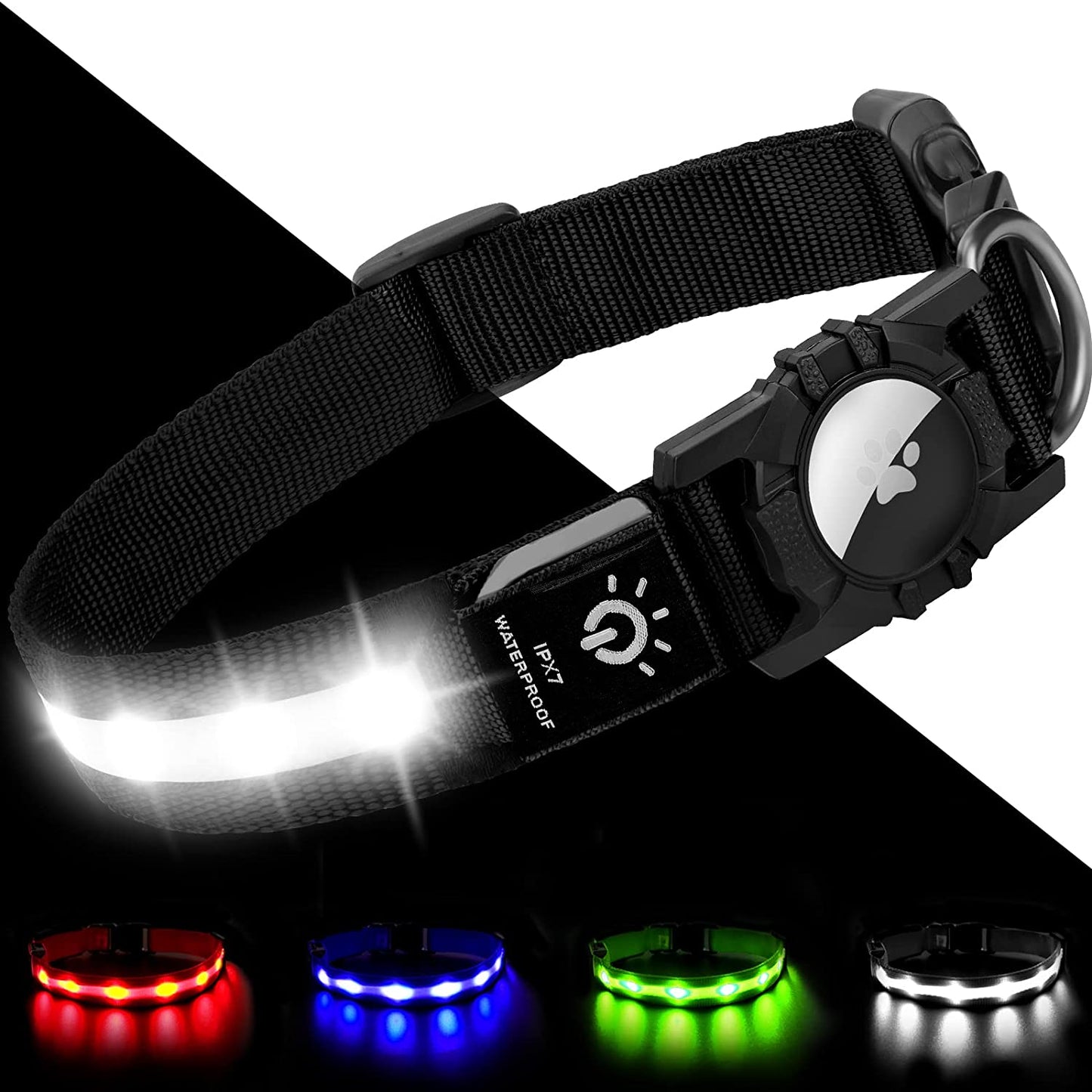 Joytale LED Airtag Dog Collar[100% IPX7 Waterproof], Light up Night Safety Pet Collars for Air Tag, USB C Rechargeable Lighted Glow Nylon Collar with Airtag Holder Case for Large Dogs, Red  Joytale Black Medium (14"- 20") 