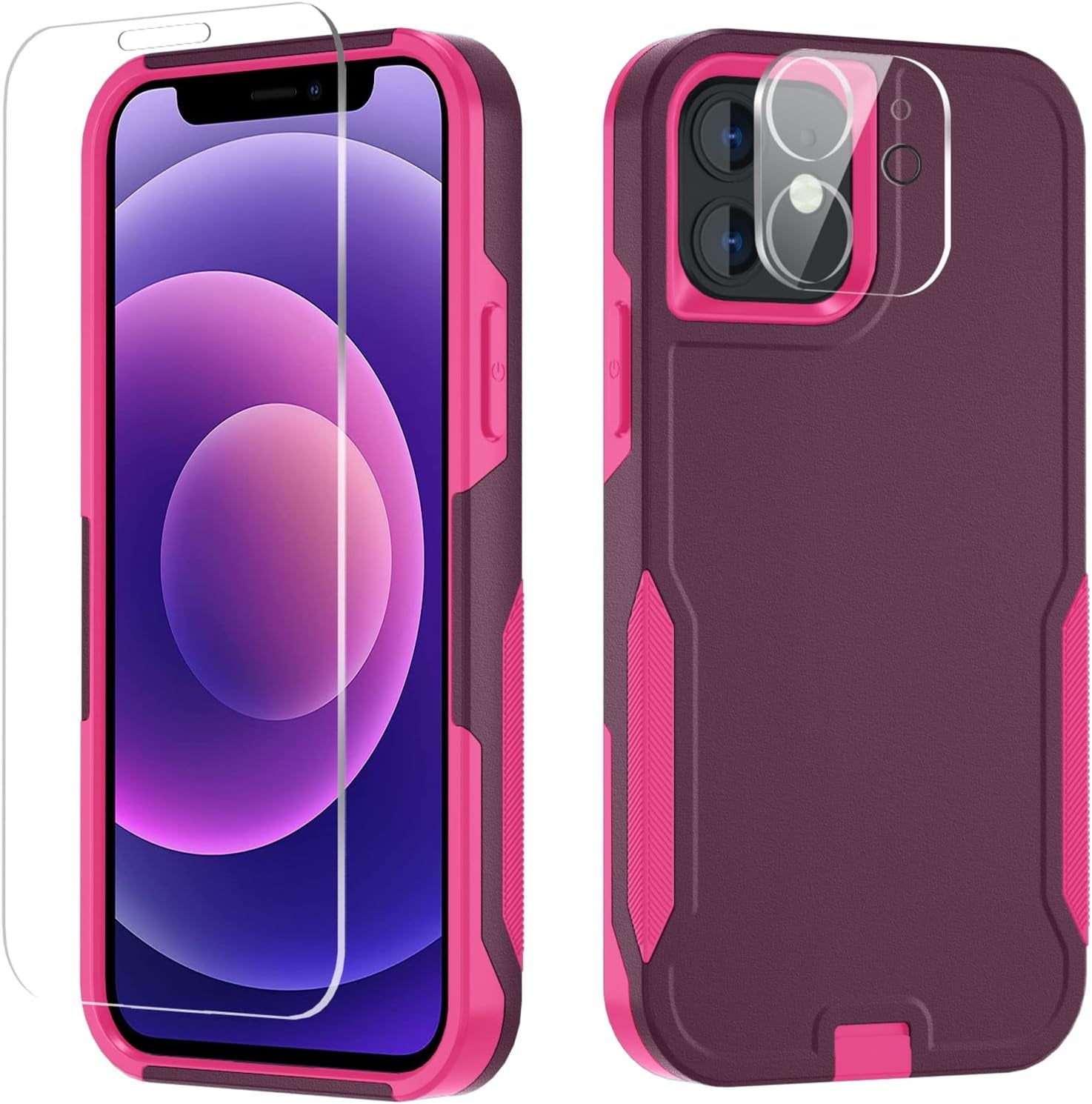 Xmon for Iphone 12 Case [Shockproof] [Dropproof] [Tempered Glass Screen Protector with Camera Lens Protector] Heavy Duty Phone Case Cover for Apple Iphone 12 and Iphone 12 Pro 6.1 Inch (Orange)  Xmon Wine  