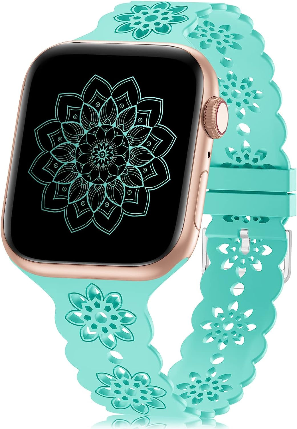 Floral Silicone Band Compatible with Apple Watch Bands 38Mm 40Mm 42Mm 44Mm 41Mm 45Mm 49Mm Women Men, Slim Hollow-Out Design Wristbands Soft Sport Breathable Watch Bands for Iwatch Ultra SE Series 8/7/6/5/4/3/2/1  Wewatri Tiff-Blue 38mm/40mm/41mm 
