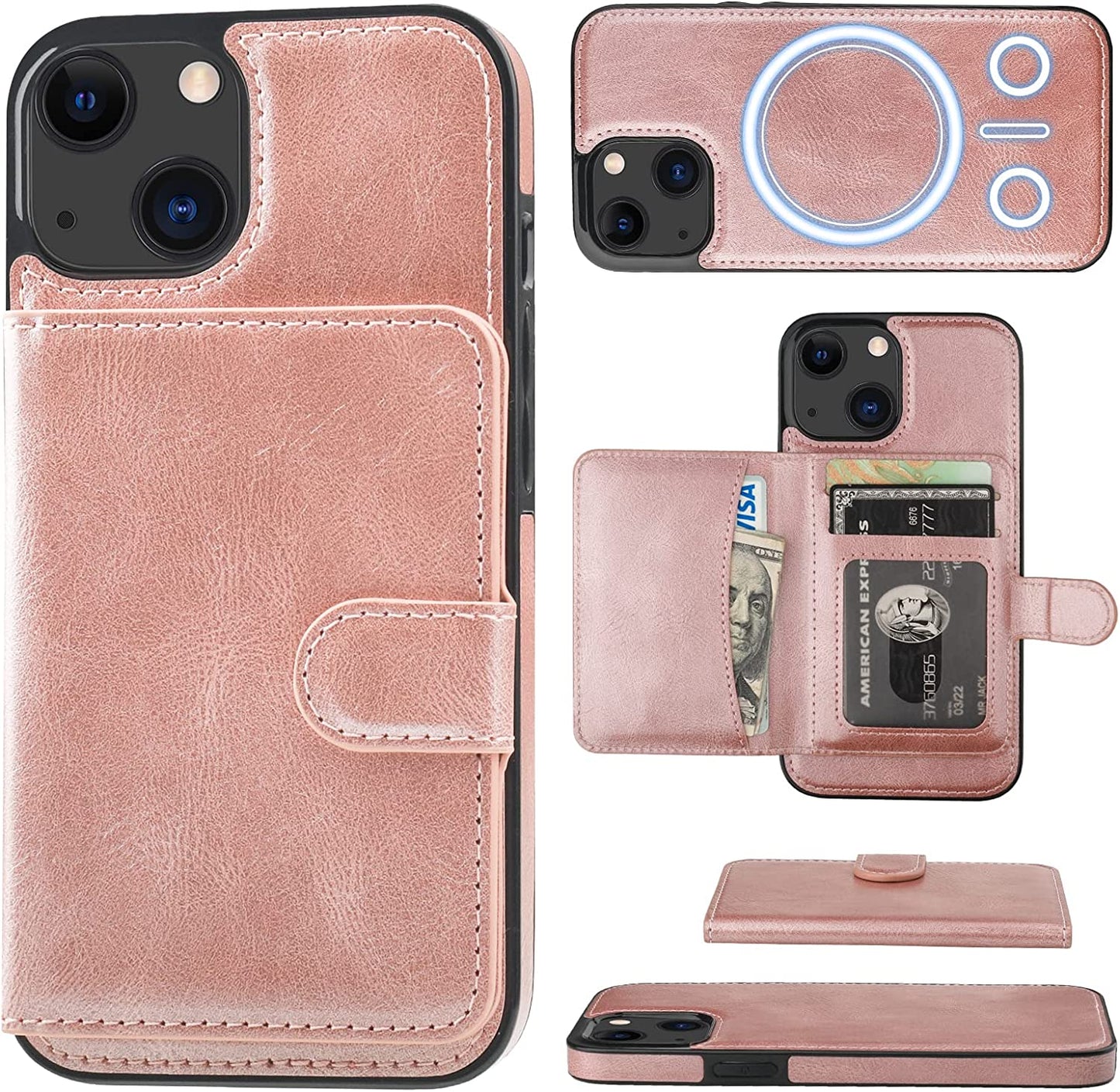 Bocasal Wallet Case for Iphone 13 Compatible with Magsafe Magnetic RFID Blocking Detachable Premium PU Leather Flip Case with Card Slots Holder Kickstand Wireless Charging 6.1 Inch (Brown)  Bocasal Rose Gold  