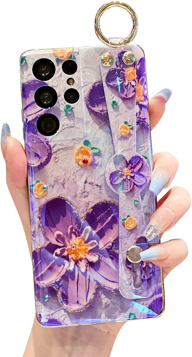 Meishangmei for Samsung Galaxy S21 Ultra Case 6.8" Sparkle Bling with Strap Stand Cute Pattern IMD Design Silicone Shockproof Protective Glitter Cases Cover for Girls and Women - Pink Dumbo  Meishangmei Purple Flower  