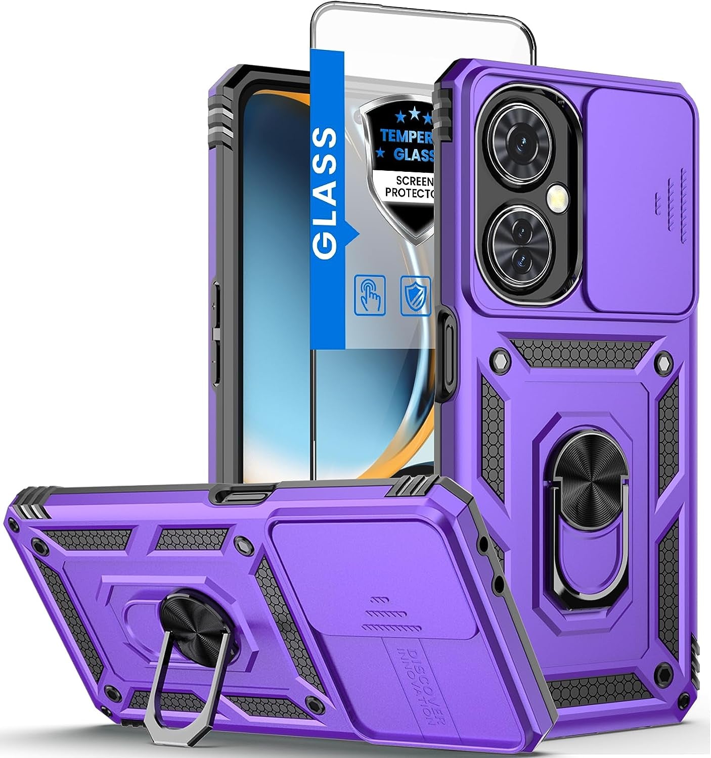 Liufcx for Oneplus Nord N30 5G Case + Screen Protector with Kickstand & Slide Lens Protector Cover, Heavy Duty Armor Shockproof Rugged Military Grade Protective Case for Oneplus Nord N30 5G (Red)  Liufcx Purple  
