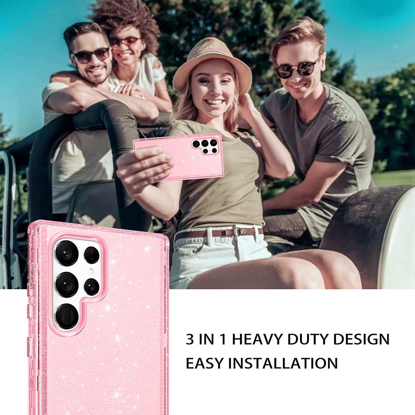 DUEDUE for Samsung Galaxy S22 Ultra 6.8" 5G Case Glitter Full Body Protective 3 in 1 Heavy Duty Hybrid Hard PC Rugged Shockproof Women Transparent Bling Sparkle Cover for Samsung S22 Ultra, Pink Clear  DUEDUE   