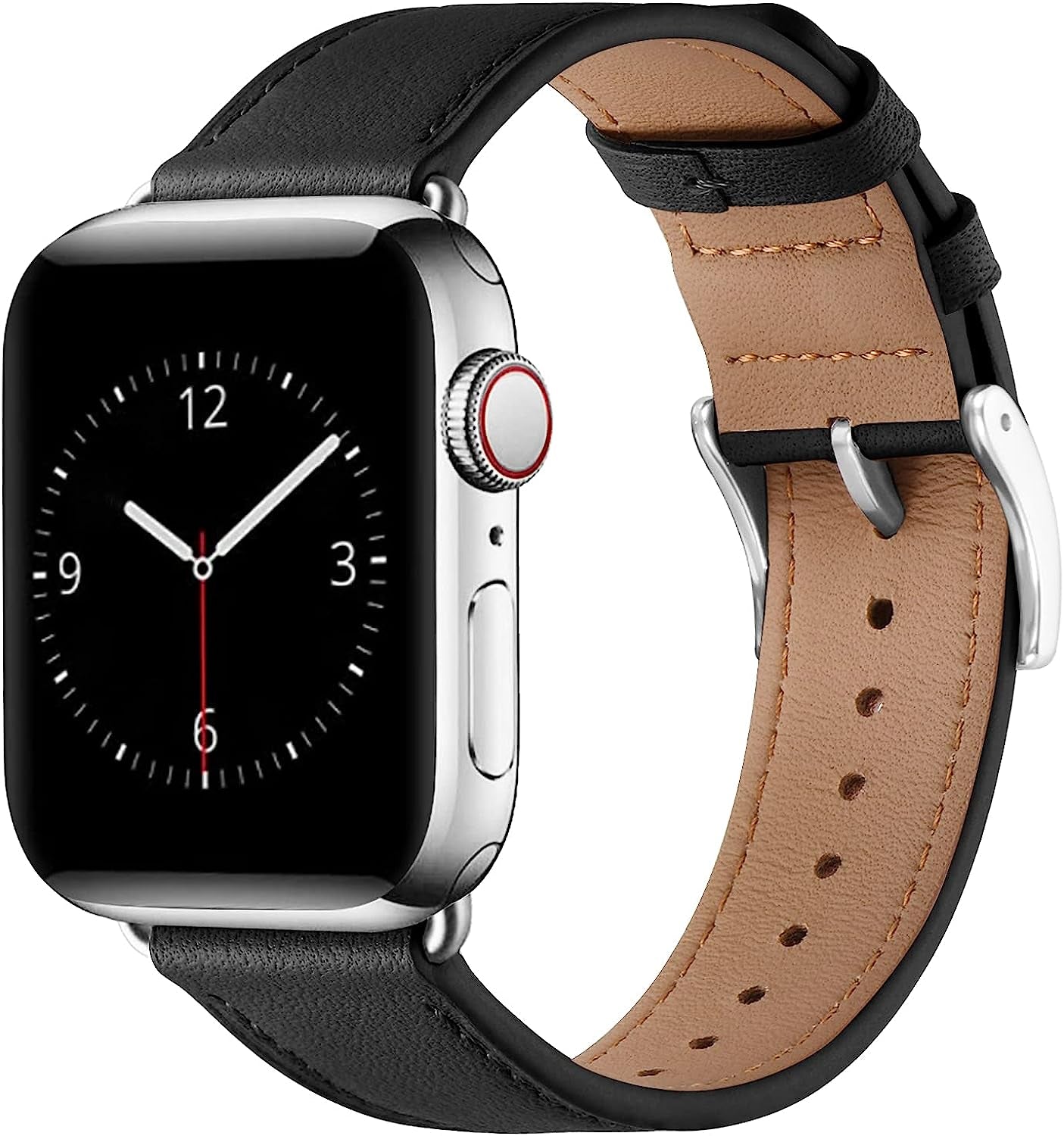 Lovrug Band Compatible with Apple Watch Band 44Mm 42Mm 38Mm 40Mm 41Mm 45Mm 49Mm Ultra SE2 SE Series 8/7/6/5/4/3/2/1 Genuine Leather Business Replacement Band Smart Watch Strap for Women Men  LovRug-US Black/Silver 38mm/40mm/41mm 