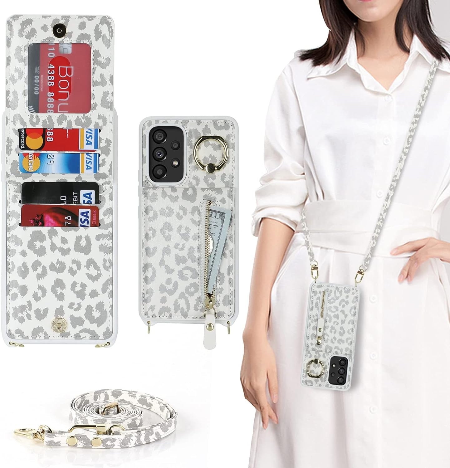 Jaorty Samsung Galaxy A53 5G Phone Case for Women with Card Holder,Samsung A53 Case Wallet Crossbody Lanyard with Strap,Credit Card Slots Kickstand Case with Ring Holder,6.5 Inch,Black Leopard  Jaorty Style 2 Ring Holder - White Leopard  