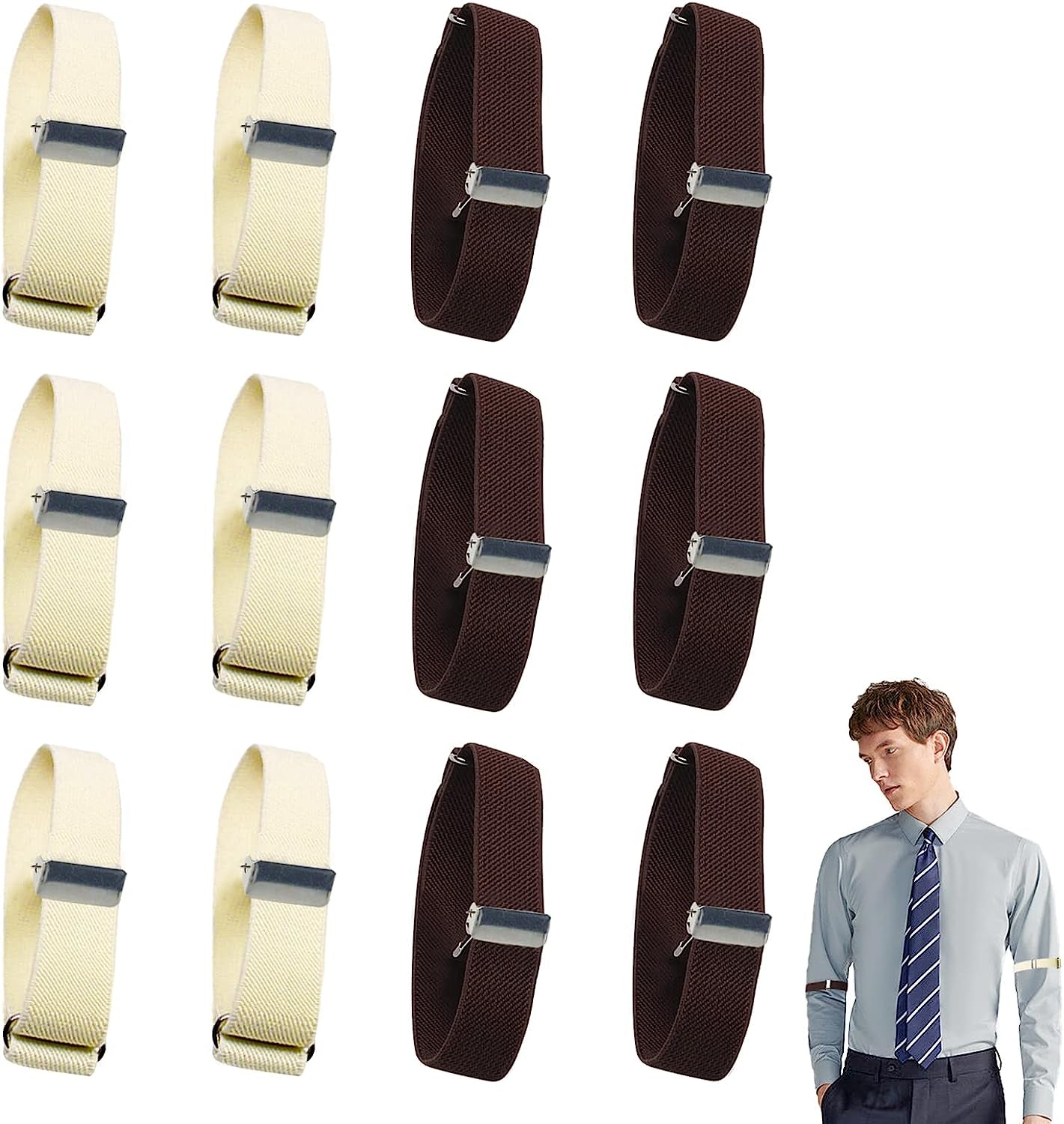 6 Pairs Arm Sleeves for Men Elastic Arm Bands Adjustable Armband Sleeve Garters Anti-Slip Shirt Garters for Men  Thinslimer White+brown  