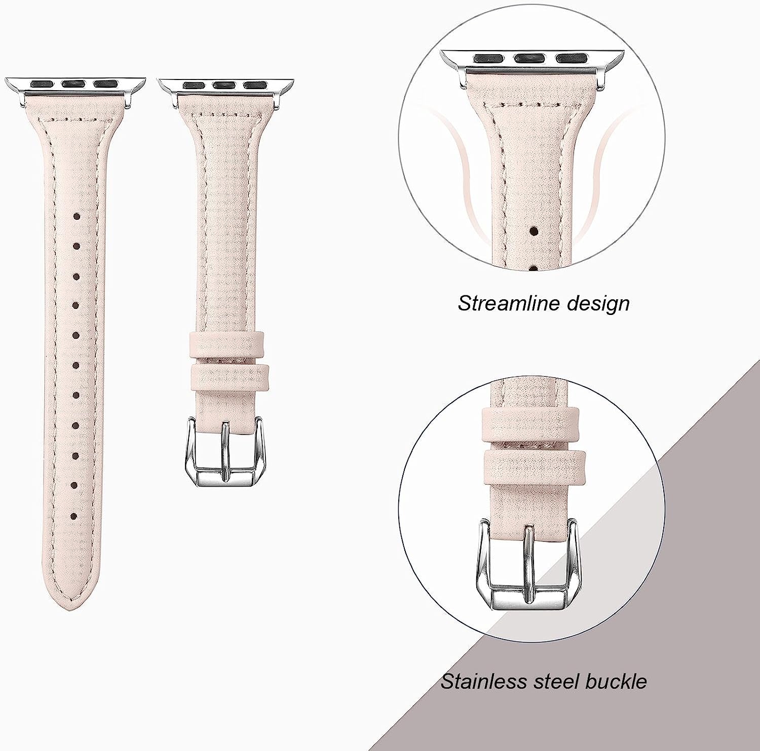 Secbolt Leather Bands Compatible Apple Watch Band 38Mm 40Mm 41Mm 42Mm 44Mm 45Mm Slim Replacement Wristband Sport Strap for Iwatch SE Series 8 7 6 5 4 3 2 1 Stainless Steel Buckle  Secbolt   