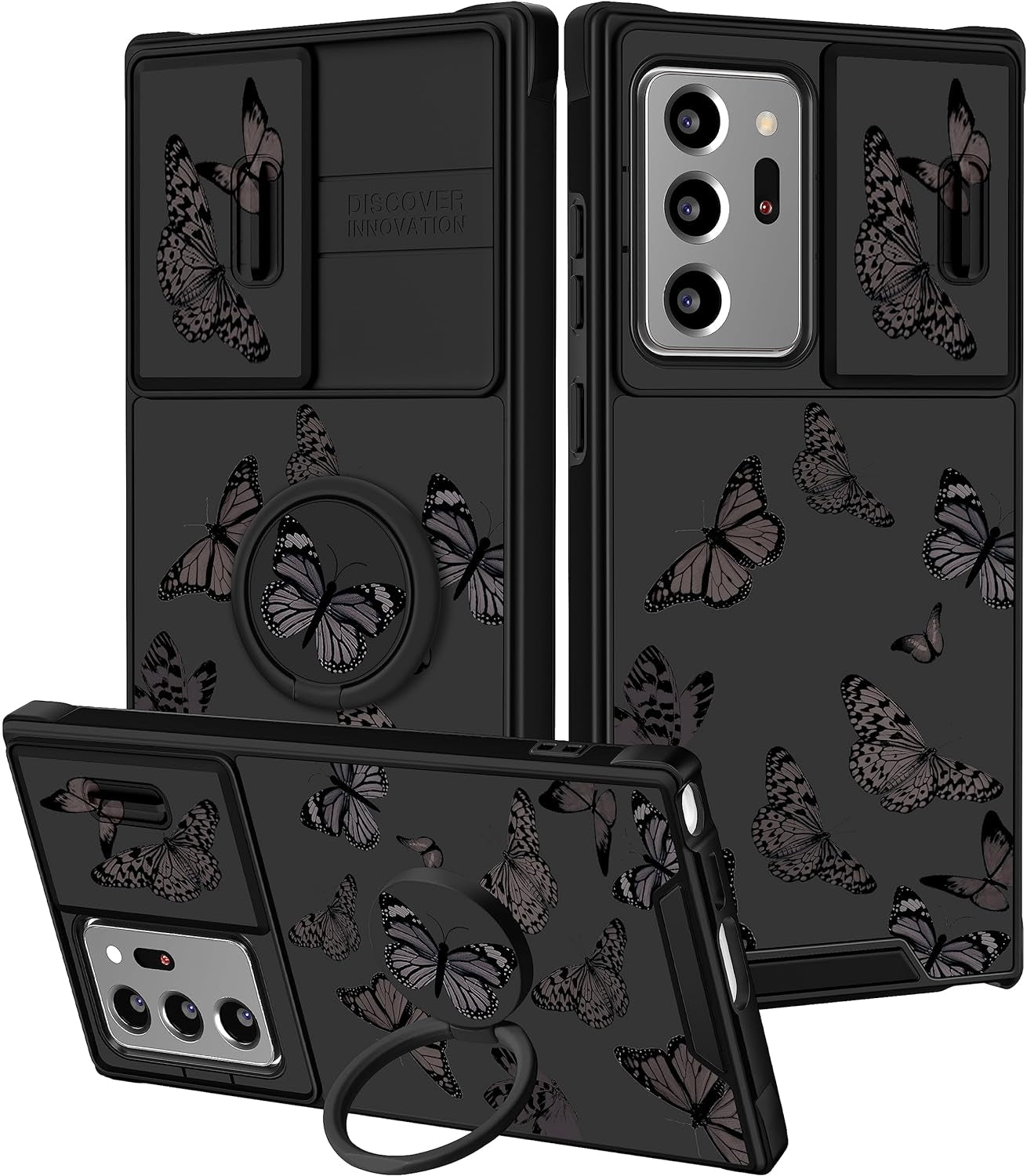 Funermei (2In1 for Samsung Galaxy Note 20 Ultra Case for Women Cute Girls Phone Cover Butterfly Girly Aesthetic Purple Butterfly Design with Camera Cover+Ring Funda for Galaxy Note 20 Ultra Case 5G  Funermei 1-Black Butterfly  