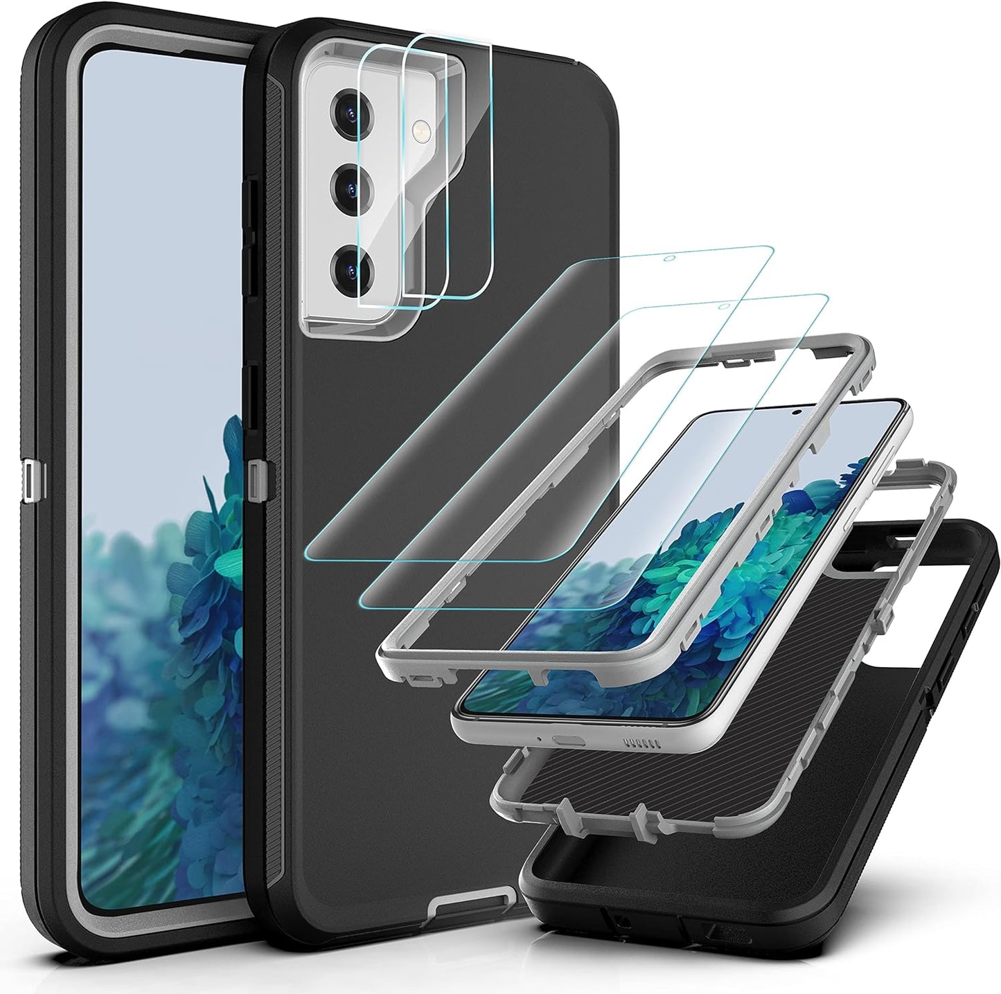 Ymhxcy Galaxy S21 Case, Drop 3 Layer Durable Cover (No Screen Protector) Solid Rubber Case / 16Ft Test Clear Case for Samsung Galaxy S21-Crystal Clear  YmhxcY Sf-Black And Grey Sf-Galaxy S21 