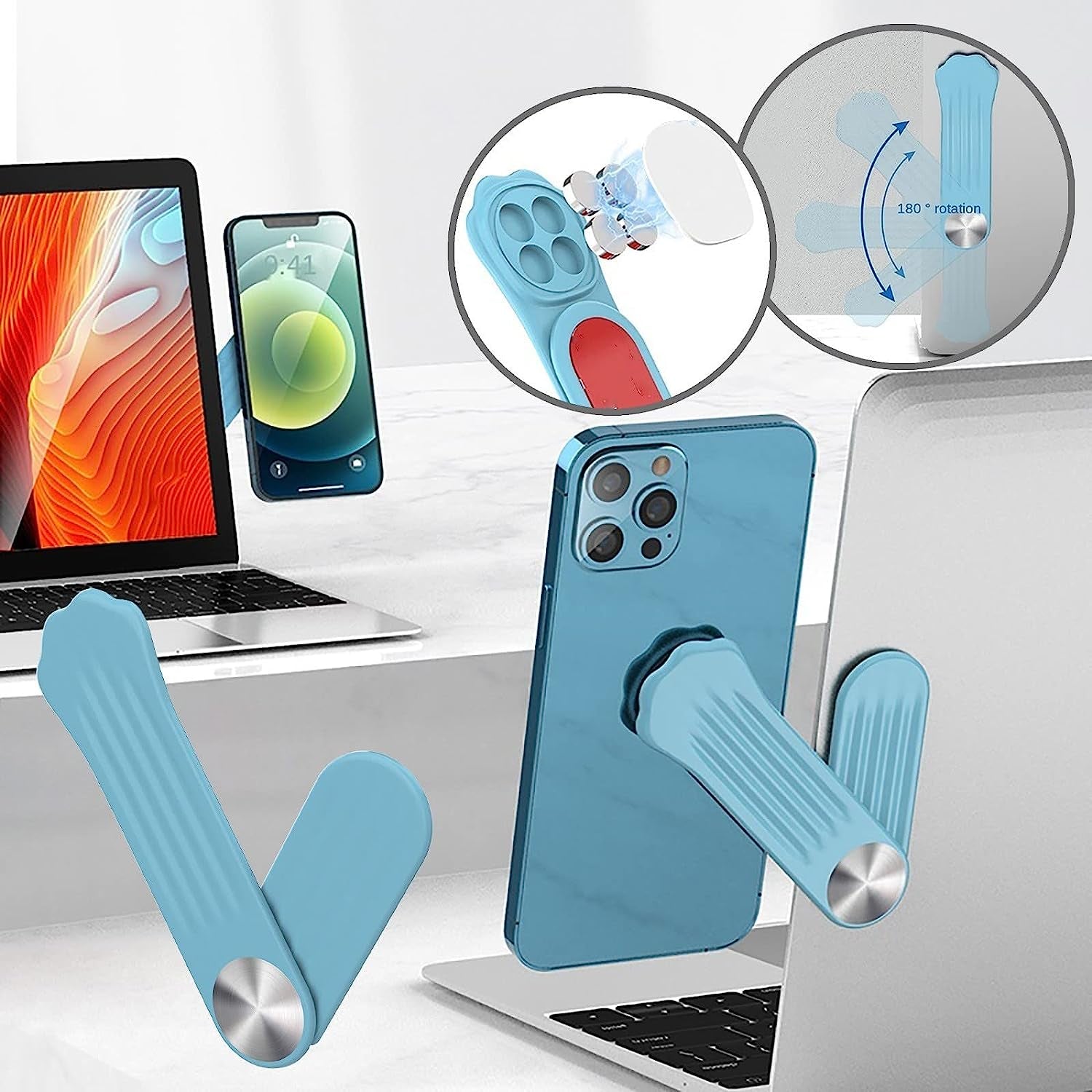 Magnetic Laptop Phone Holder Adjustable Side Mount Clip for Laptop Expansion Stand for Smartphone, Office and Home Enjoying Dual Screen at the Same Time (Sky Blue, One Size)  Generic   