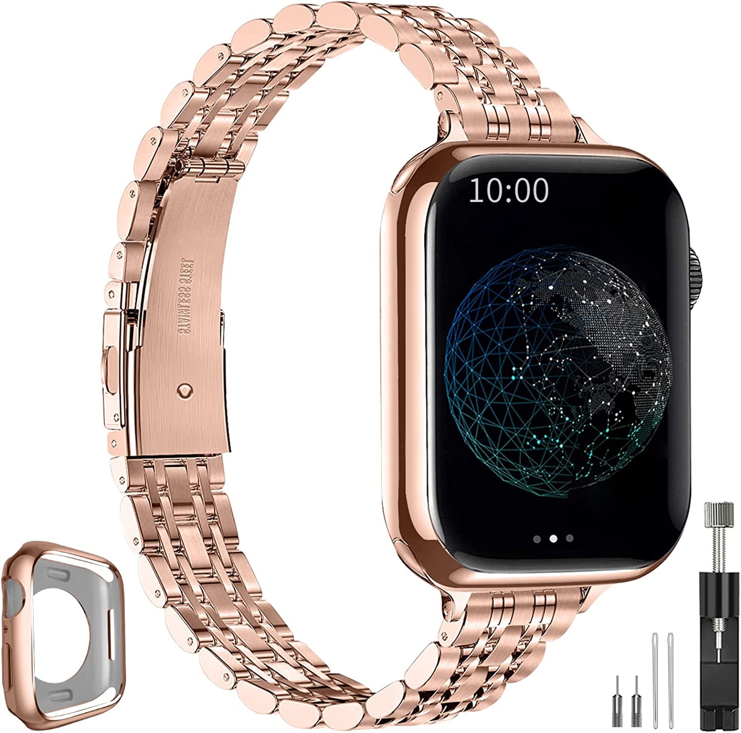 QUNDAXI Slim Watch Band Compatible with Apple Watch 41Mm 45Mm 42Mm 44Mm 40Mm 38Mm Metal Stainless Steel Watchband Suitable for Iwatch 8/7/6/5/4/3/2/1/SE Series Women Luxury Strap  QUNDAXI Rose gold 38mm 40mm 41mm 
