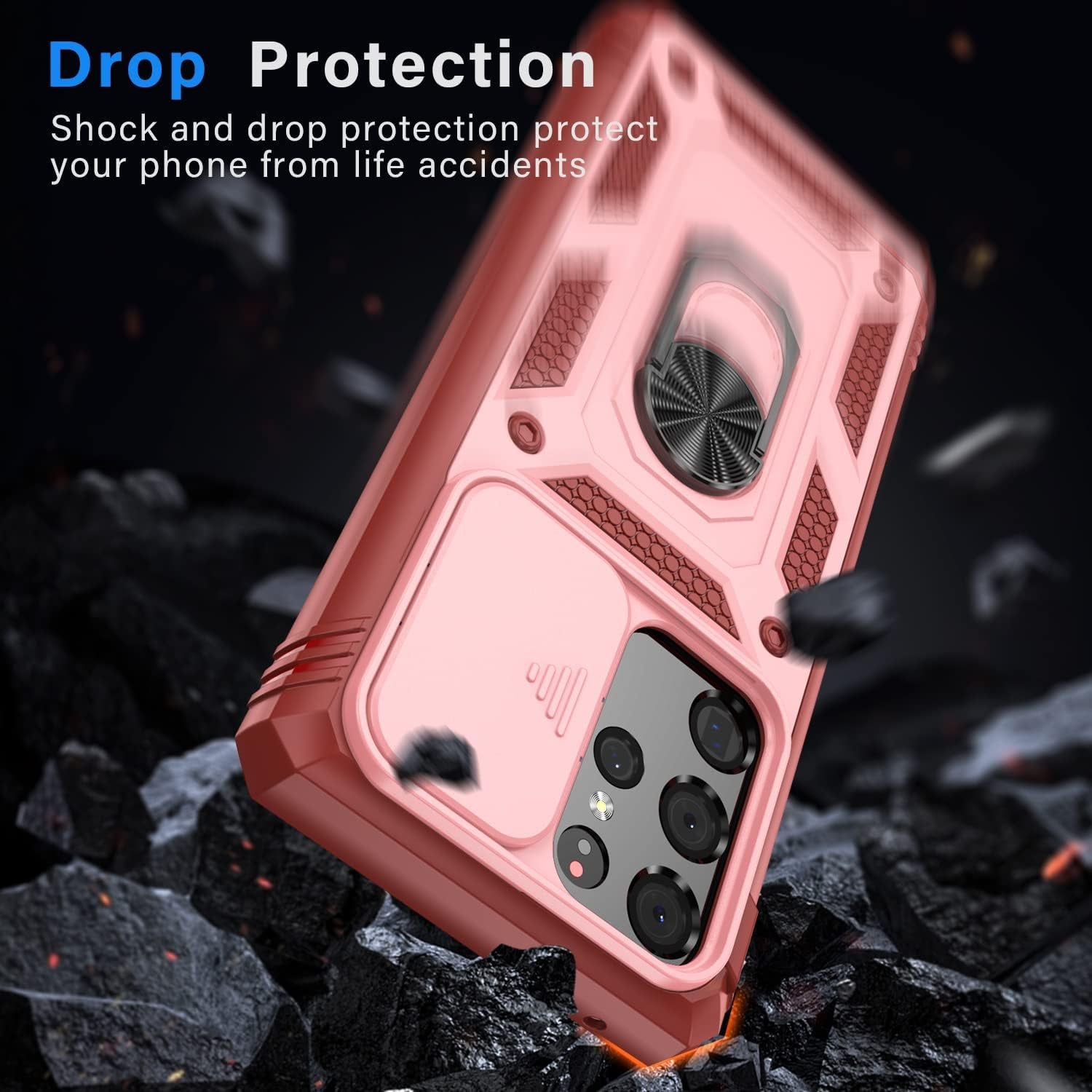PASNEW for Samsung Galaxy S21 Ultra Case,Finger Ring Kickstand & Camera Cover Slide & Charge Port Dust Plug,Military Heavy Duty Full Body Shockproof Protective Hard Shell S21Ultra,6.8 Inch,Pink  PASNEW   