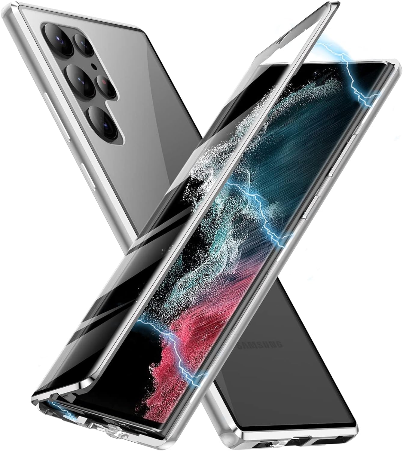 Jonwelsy Case for Samsung Galaxy S22 Ultra, 360 Degree Front and Back Clear Tempered Glass Full Body Protection Magnetic Adsorption Metal Bumper Frame Flip Cover for Samsung Galaxy S22 Ultra (Green)  Jonwelsy Silver  