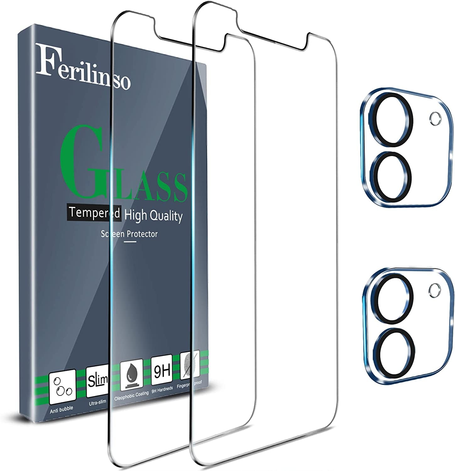 Ferilinso [6-In-1] for Apple Iphone 14 & 13 Screen Protector Accessories 3 Pack 9H Tempered Glass 2 Pack HD Camera Lens Protector Cover Protection Case Friendly Mounting Frame Protector De Pantalla  Ferilinso iPhone 12 Clear iPhone 12 6.1 inch 