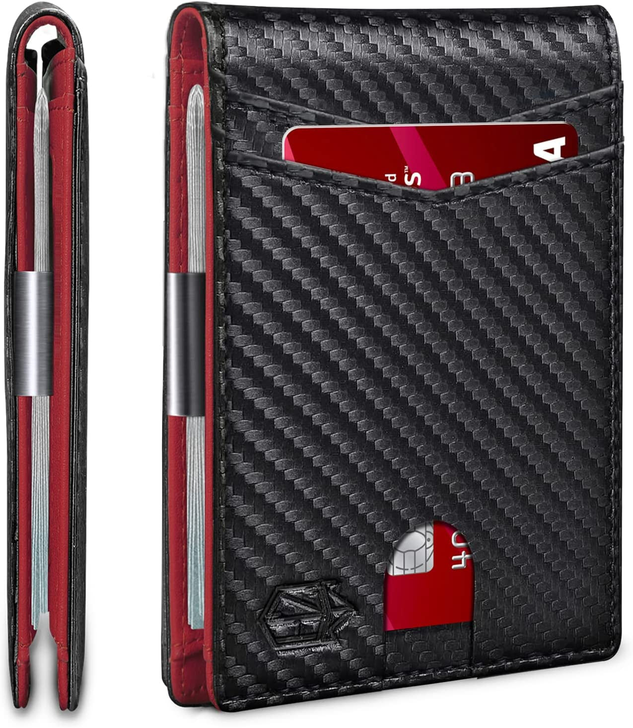 Zitahli Slim Wallet for Men-Leather Money Clip Mens Wallets-Rfid Blocking Front Pocket Bifold Wallet-Minimalist Credit Card Holder with Gift Box  Zitahli Carbon Black and Red  