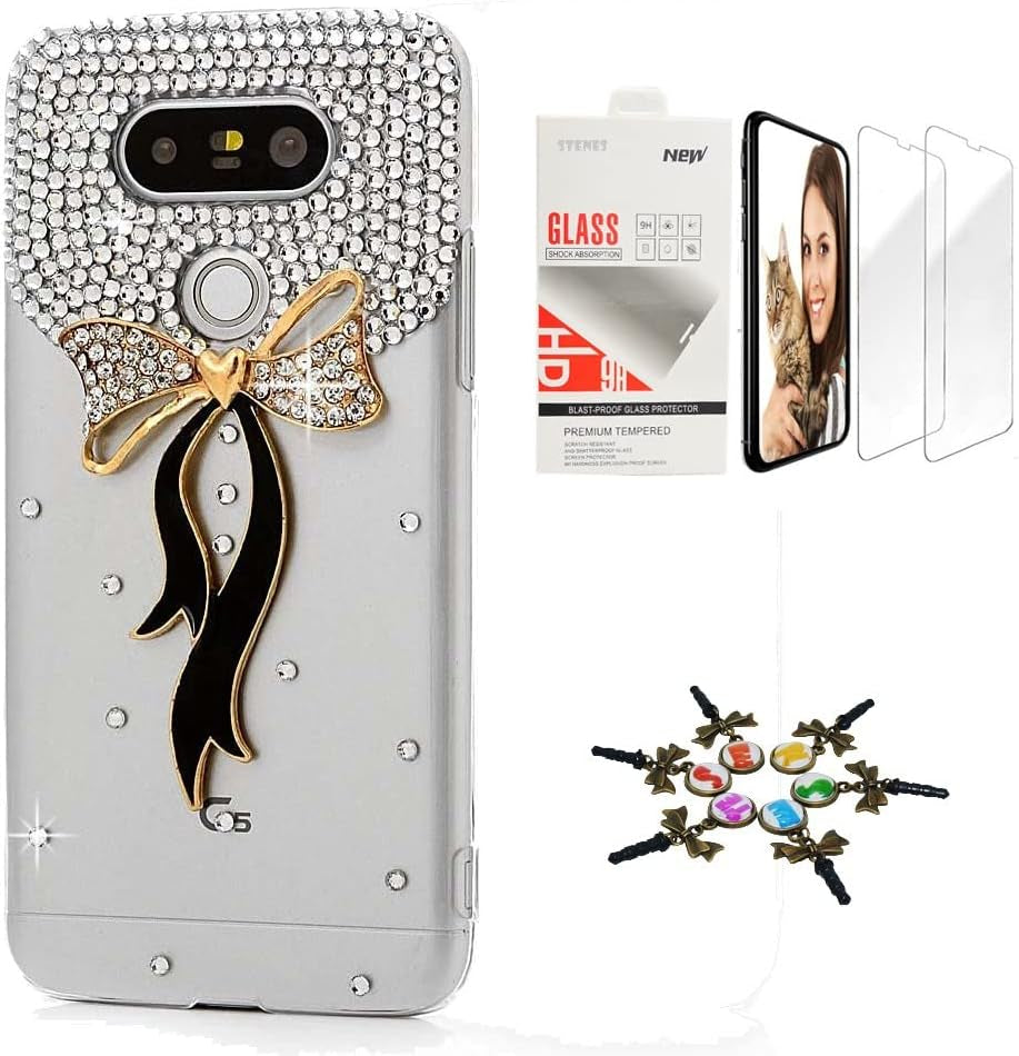 STENES Bling Case Compatible with LG Aristo 2 - Stylish - 3D Handmade [Sparkle Series] Agate Butterfly Fairy Mask Design Cover with Screen Protector [2 Pack] - Colorful  STENES Bow Bowknot / Black Design For Lg Aristo 3 / Lg Tribute Empire 
