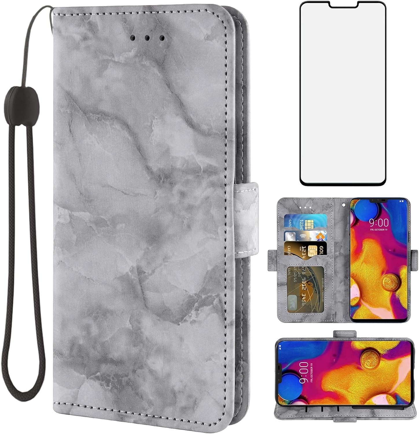 Asuwish Compatible with LG V40 Thinq Case and Tempered Glass Screen Protector Card Holder Slot Kickstand Flip Marble Wallet Phone Covers for LGV40 Storm V 40 Thin Q V40Thinq LG40 40V 40Thinq Purple  Asuwish Black  