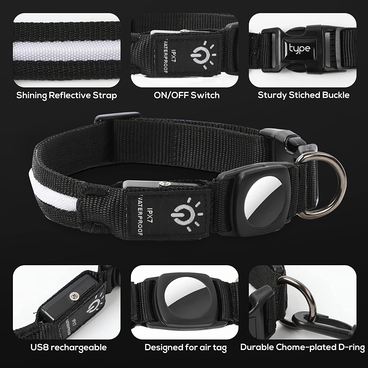 LED Air Tag Dog Collar - Light up Dog Collar[Ipx7 Waterproof] with Apple Air Tag Holder Case, Durable Rechargeable Lighted Air Tag Dog Collar Accessories for Puppy Dogs(S, Black)  typecase   