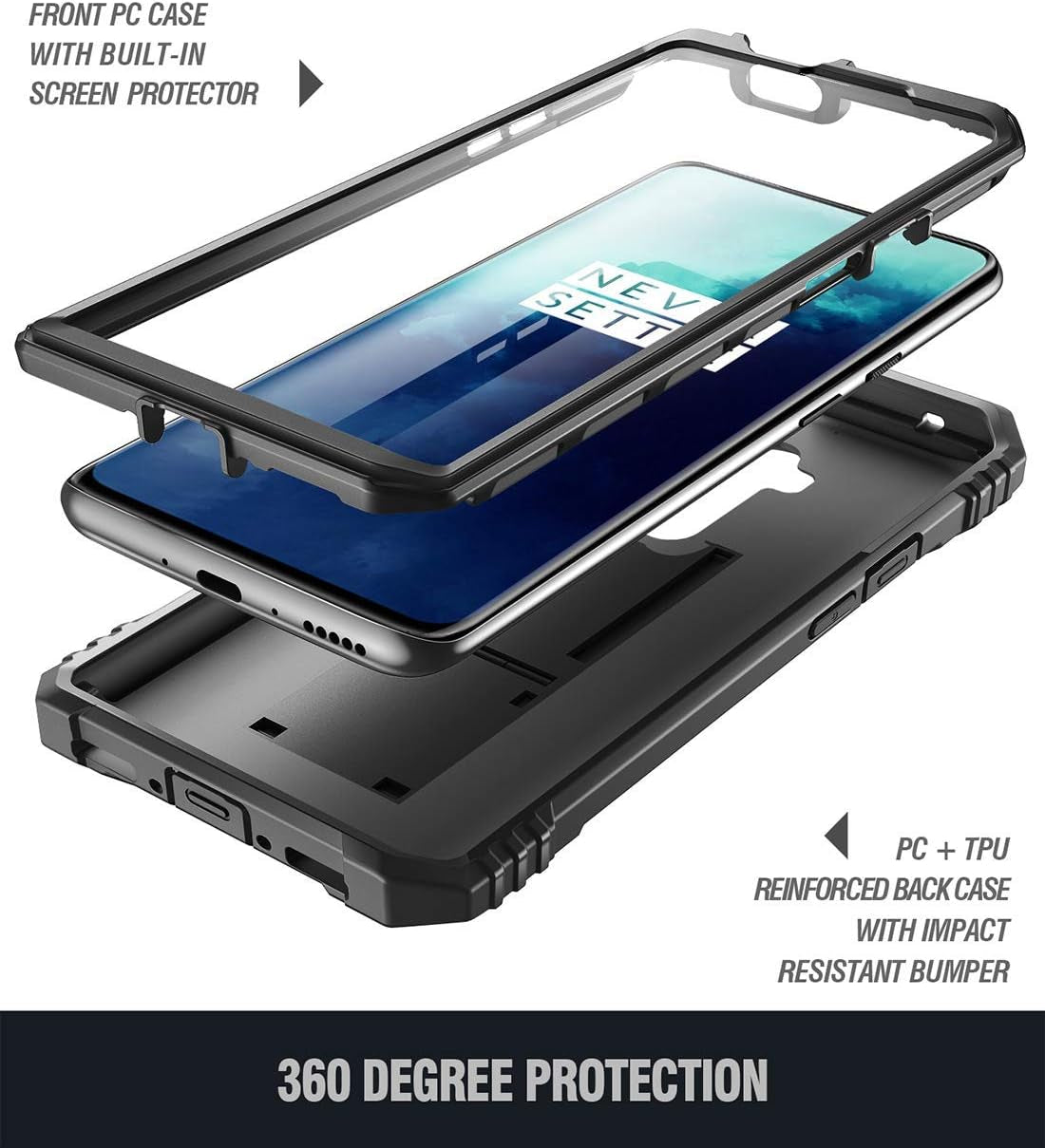 Poetic Revolution Series Designed for Oneplus 7T Pro/Oneplus 7 Pro, Full-Body Rugged Dual-Layer Shockproof Protective Cover with Kickstand and Built-In-Screen Protector, Black  Poetic   