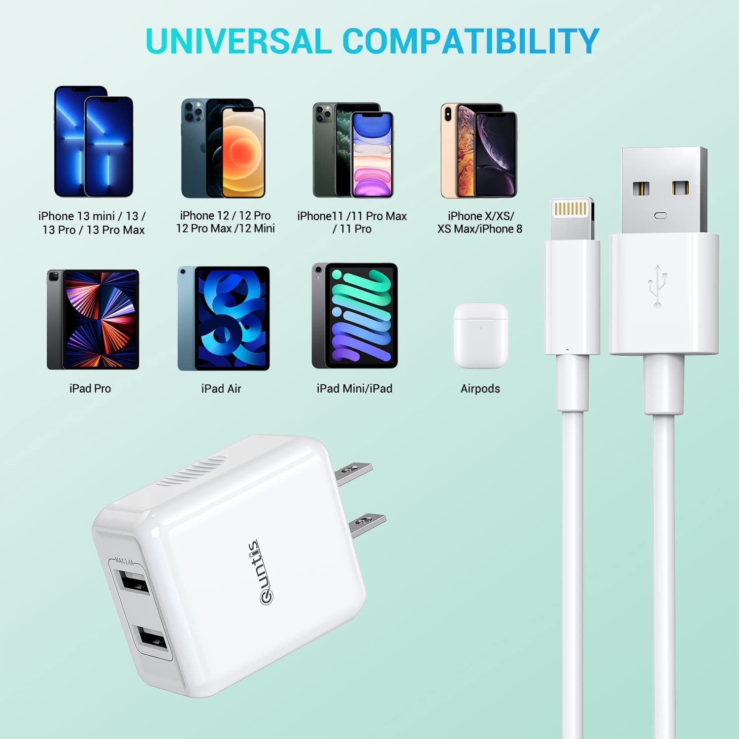Iphone Charger Mfi Certified, Quntis 2Pack 6.6Ft Lightning Charging Cable Cord with Dual Port USB Wall Charger Block Adapter for Iphone 14 13 12 SE 11 Max XS XR X 8 7 6S 6 plus Ipad Pro Ipod Airpods  DONGGUAN BAOLAIBO PLASTIC ELECTRONICS ., LTD   
