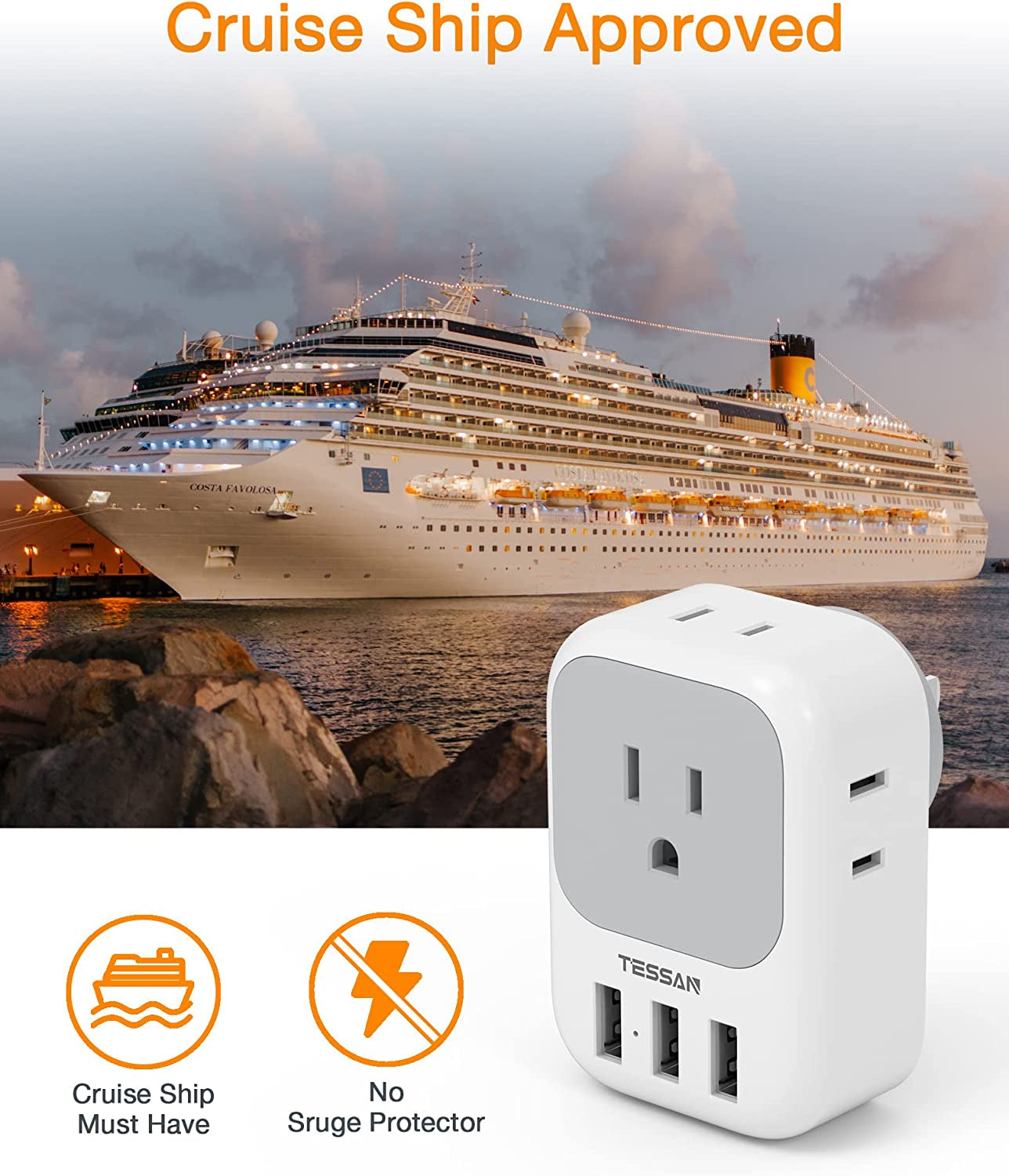 Multi Plug Outlet Extender with USB, TESSAN Electrical 4 Box Splitter 3 USB Wall Charger, Multiple Charging Station for Cruise, Travel, Office, Dorm Essentials  TESSAN   