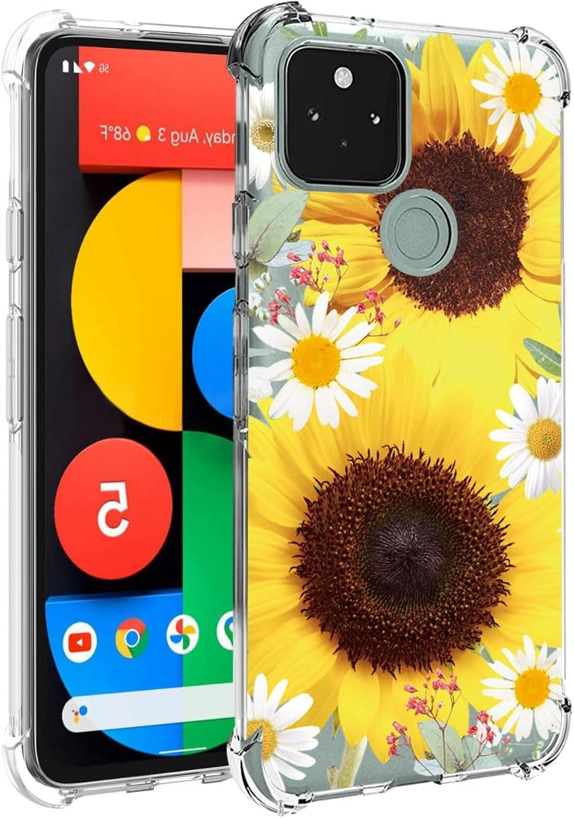 Ueokeird Phone Case for Pixel 5 Case, Google 5 GD1YQ GTT9Q Case Girls Women, Slim Shockproof Clear Floral Pattern Soft Flexible TPU Protective Cover for Google Pixel 5 (Rose Flower)  Ueokeird Sunflower  