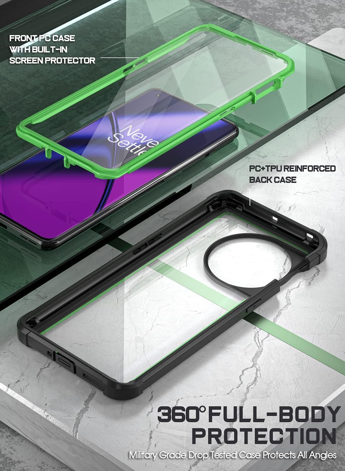 Poetic Guardian Case for Oneplus 11 5G 6.7" (2023) [20 FT Mil-Grade Drop Tested], Full-Body Hybrid Shockproof Bumper Cover with Built-In Screen Protector, Green/Clear  Poetic   