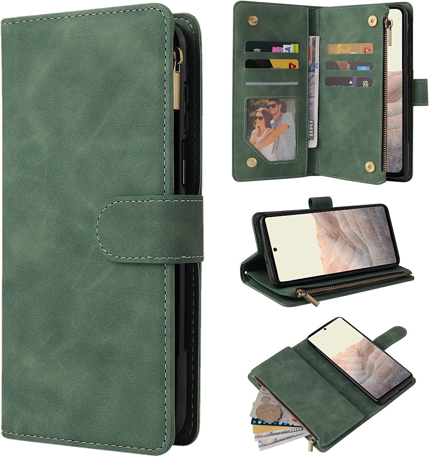 ZZXX Google Pixel 6 Pro Case Wallet with Card Slot Premium Soft PU Leather Zipper Flip Folio Wallet with Wrist Strap Kickstand Protective for Google Pixel 6 Pro Wallet Case(Blue 6.7 Inch)  ZZXX Green Google Pixel 6 Pro 