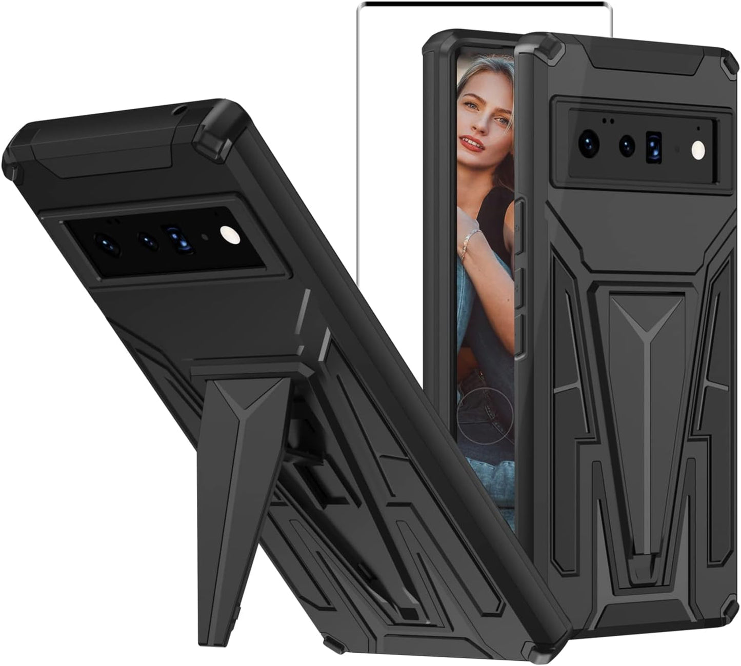 For Pixel 6 Pro Case with Tempered Glass Screen Protector [Support Fingerprint Unlocked] Military Grade Drop Tested Protective Cover with Built-In Magnetic Kickstand for Google Pixel 6 Pro Case -Pink  Leweizz Black  