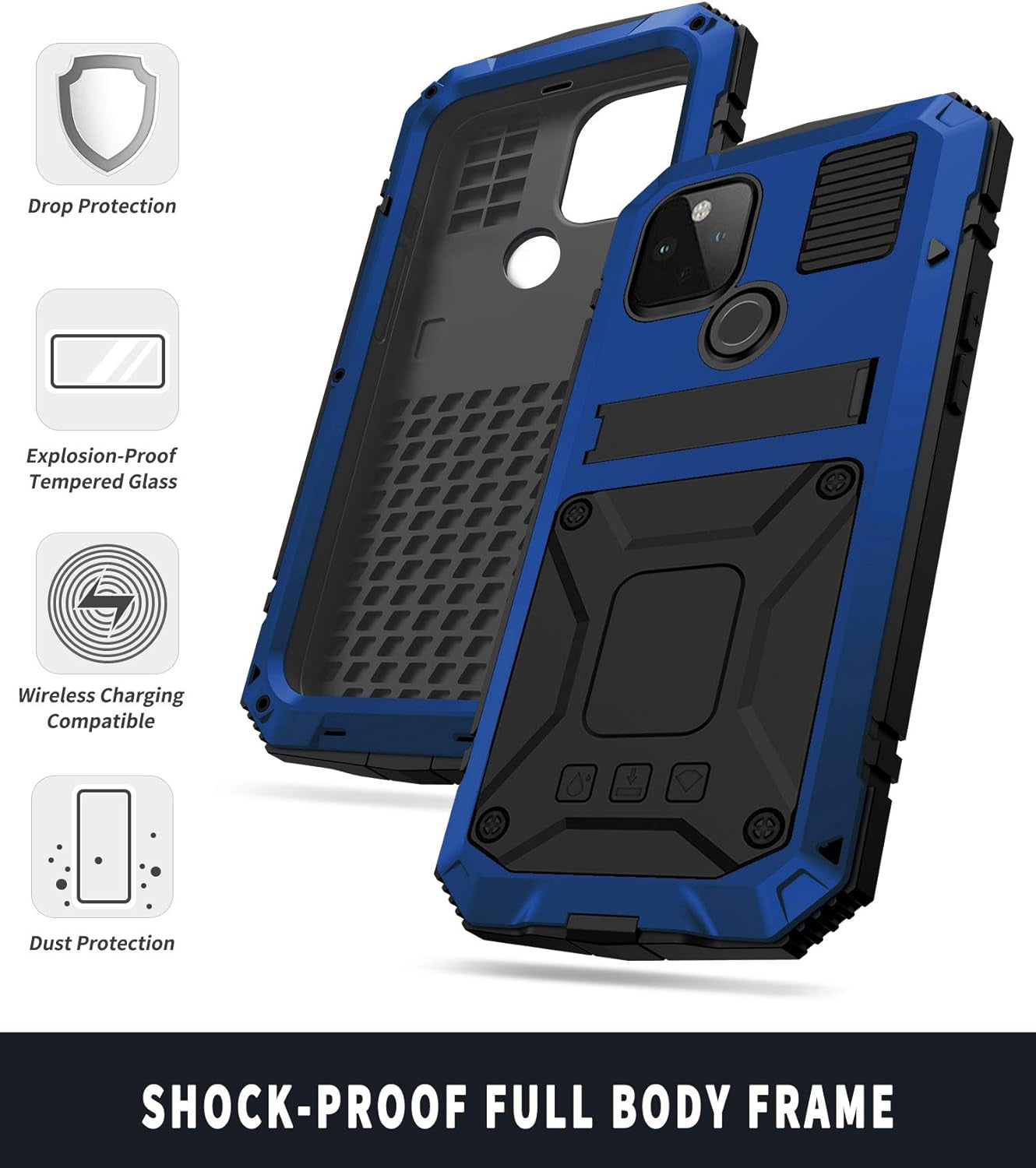 Simicoo Google Pixel 4A 5G Bumper Silicone Case Military Shockproof Heavy Duty Rugged Case Built-In Screen Protector Stand Cover for Google Pixel 4A 5G (Blue, Pixel 4A 5G)  Simicoo   