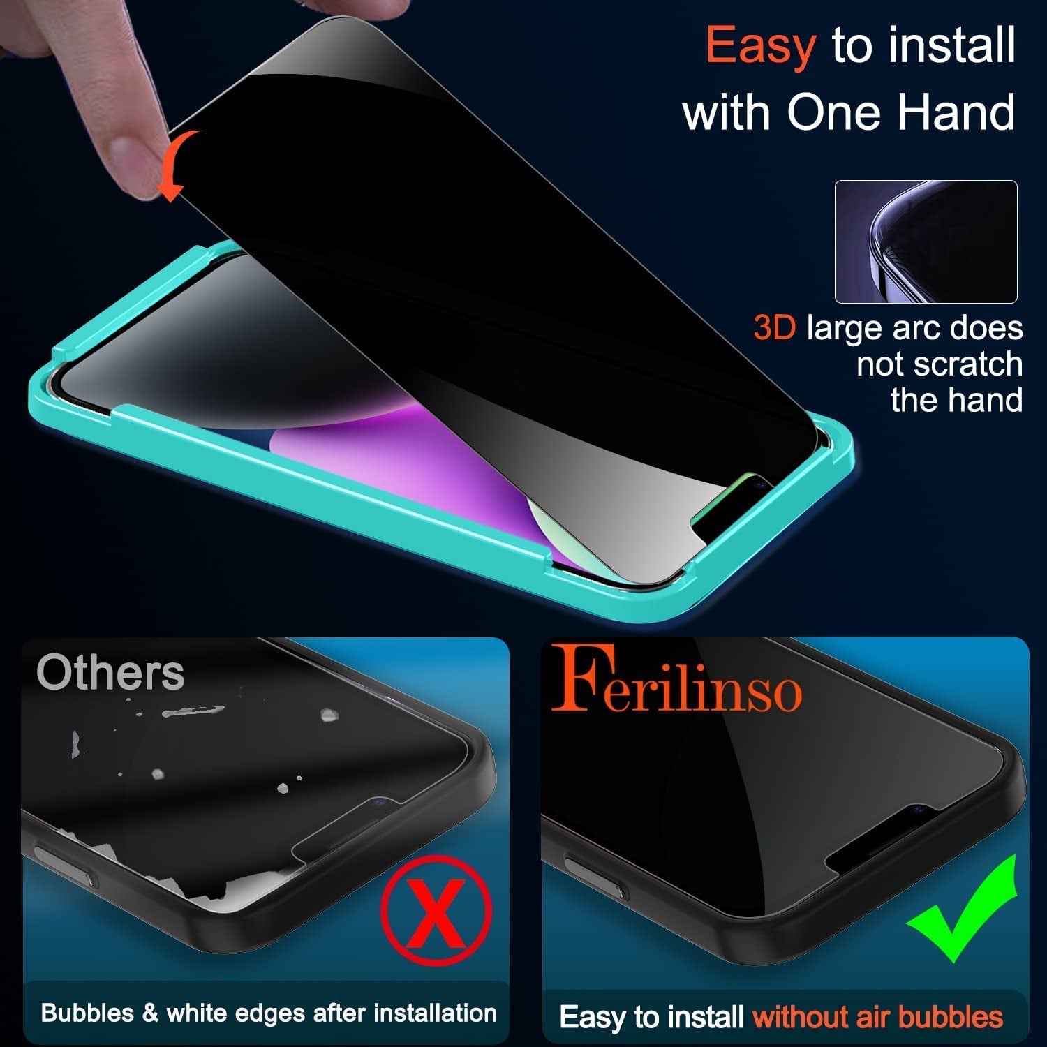 Ferilinso for Iphone 13/ 14 Privacy Screen Protector 2 Pack 9H anti Spy Tempered Glass Privacy Screen with 2 Pack Camera Lens Protector Case Friendly Accessories  Ferilinso   