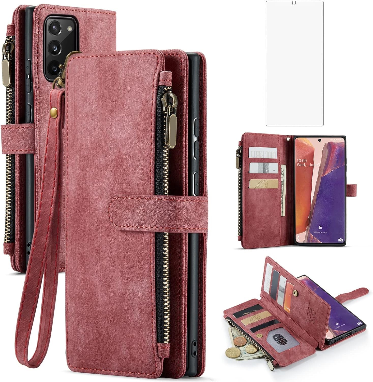 Asuwish Phone Case for Samsung Galaxy Note 20 Glaxay Note20 5G Wallet Cover and Tempered Glass Screen Protector Flip Credit Card Holder Cell Accessories Gaxaly Notes 20S Twenty Not S20 Women Men Brown  Asuwish Red For Note 20 / Note 20 5G 