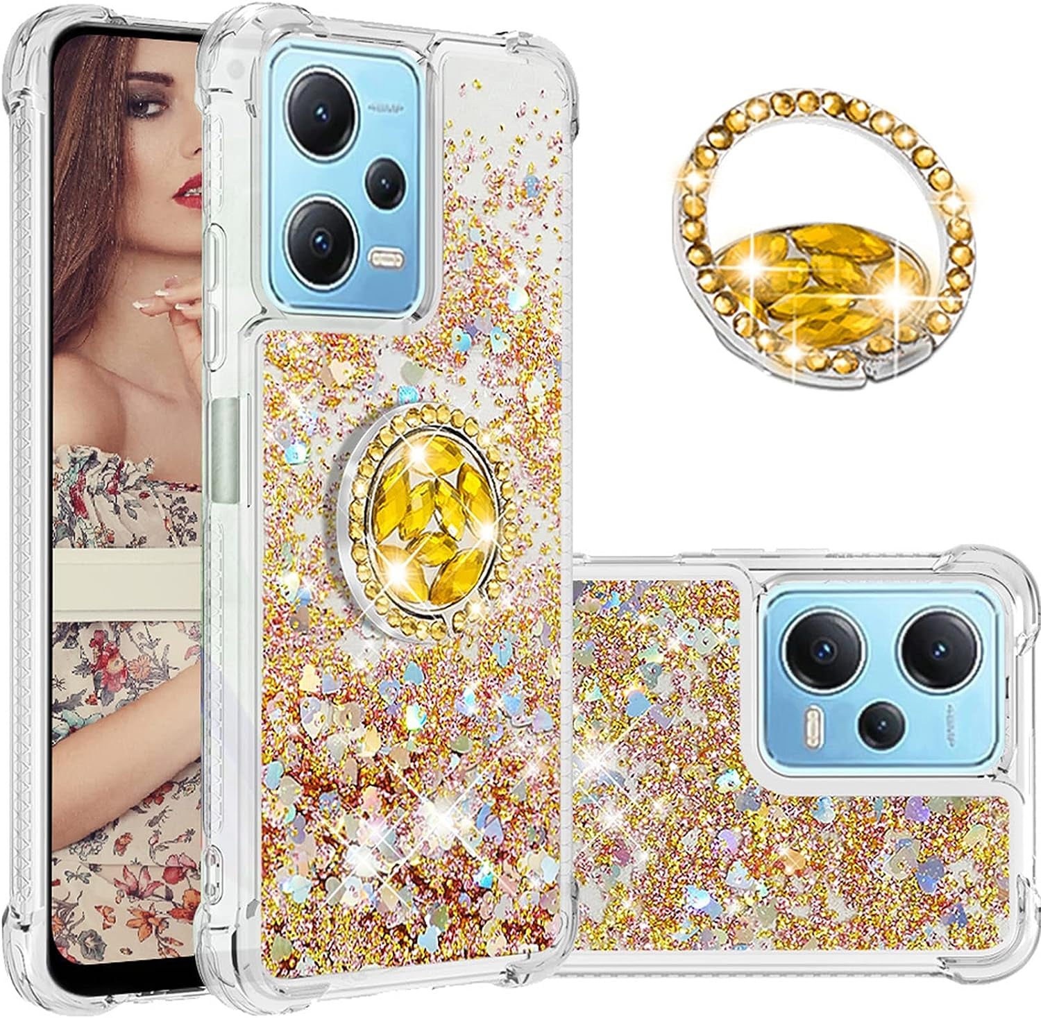 Ccsmall Glitter Clear Sparkly Bling Case for Xiaomi Redmi Note 12 4G, Flowing Liquid Quicksand Cover with Diamond Ring Holder Case for Xiaomi Redmi Note 12 4G LSZ Silver  CCSmall Colorful Gold Redmi Note 12 4G 