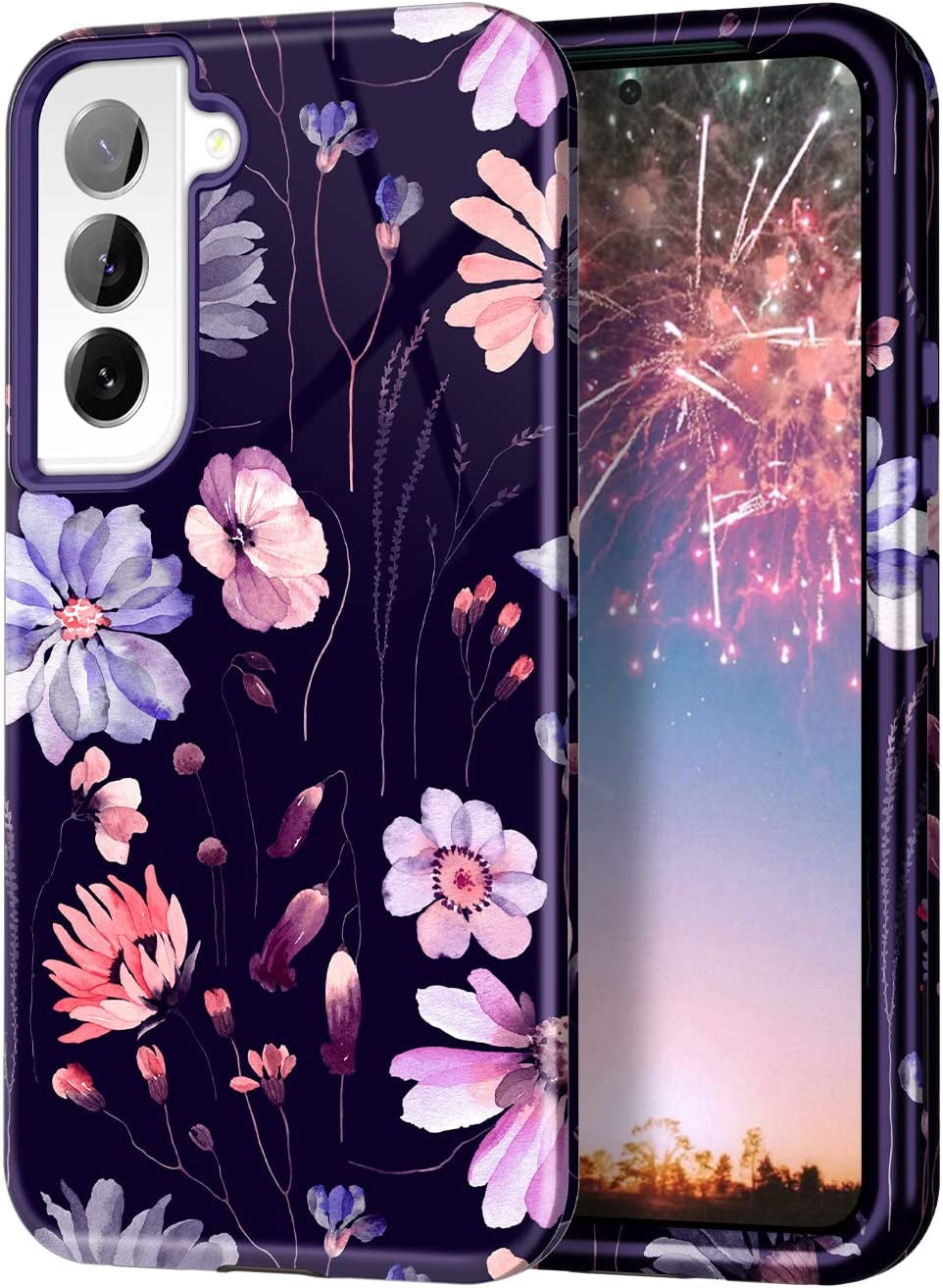 Btscase for Samsung Galaxy S22 5G Case,Marble Pattern 3 in 1 Heavy Duty Shockproof Full Body Rugged Hard Pc+Soft Silicone Drop Protective Women Girl Cover for Samsung Galaxy S22,Dreamland River/Purple  Btscase Purple Flower  