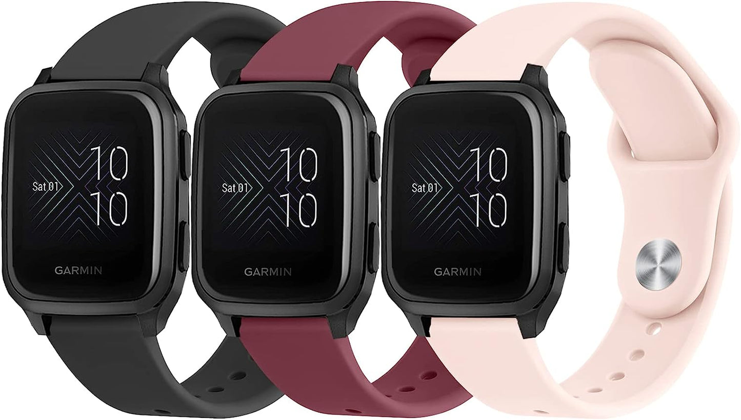 Wanme Bands for Garmin Venu 2 plus / Venu Sq / Venu / Vivoactive 3 Watch Band Women Men, 3 PACK Soft Silicone Replacement Wristband Sport Strap for Garmin Vivomove Sport, Vivoactive 3 Music, Forerunner 645 / 245 Music Smart Watch  Wanme Black+WineRed+PinkSand  