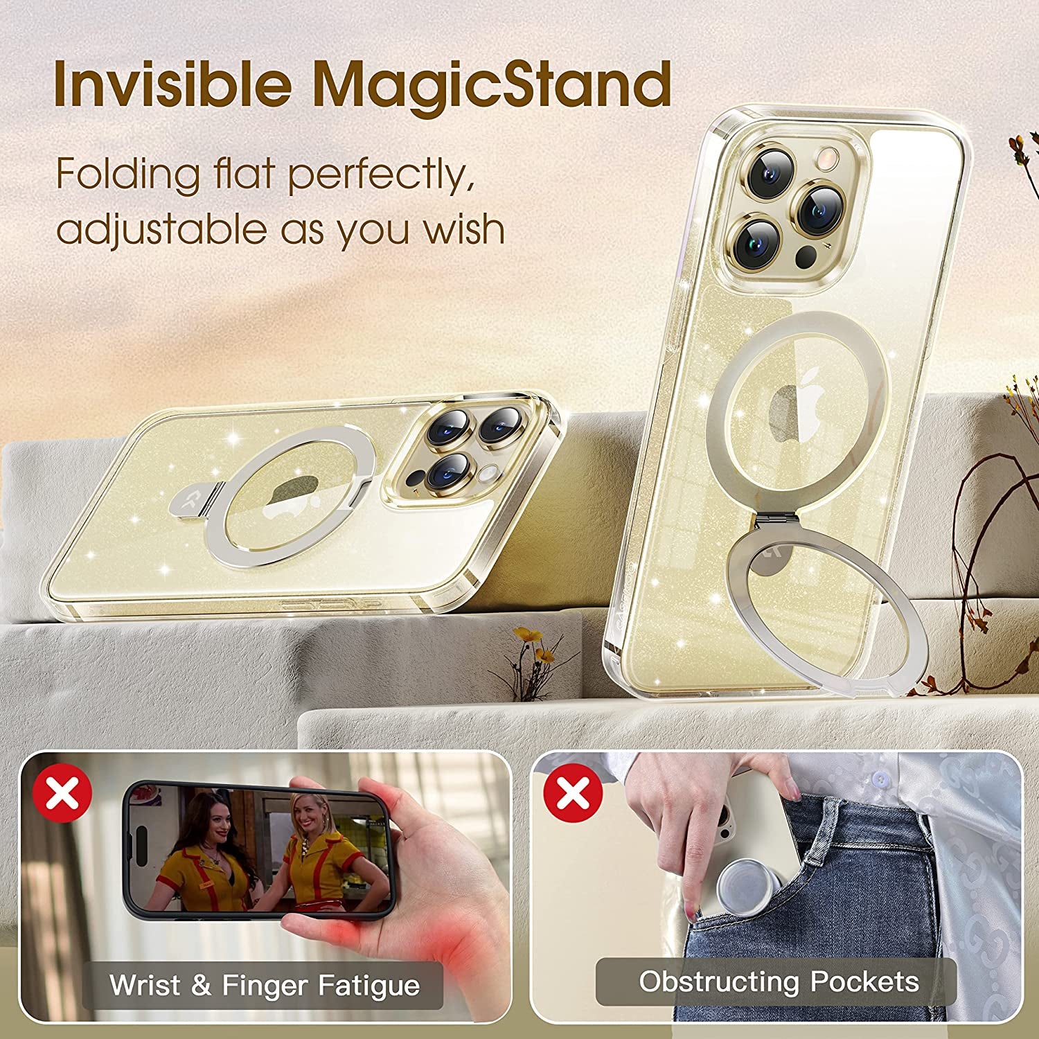 CASEKOO Glitter Clear Iphone 14 Pro Case, Magsafe Compatible, Invisible Stand, Non-Yellowing, Protective Bling Phone Cases 6.1 Inch  CASEKOO   