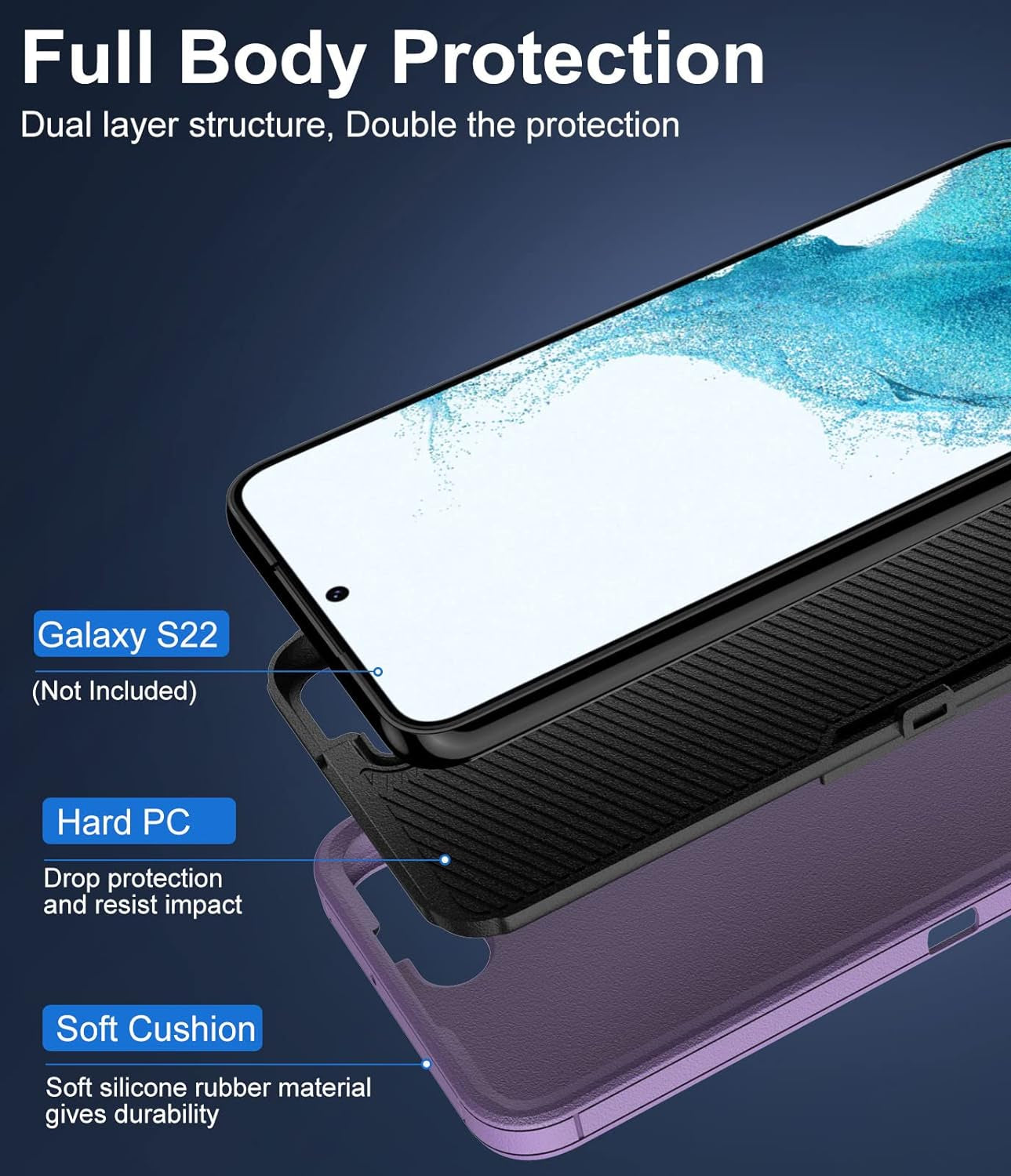 Dahkoiz for Samsung Galaxy S22 Case, Dust-Proof Port Cover, Full Body Durable Silicone Rubber Phone Case for Samsung Galaxy S22 5G, Black/Purple  UNISMART INC   