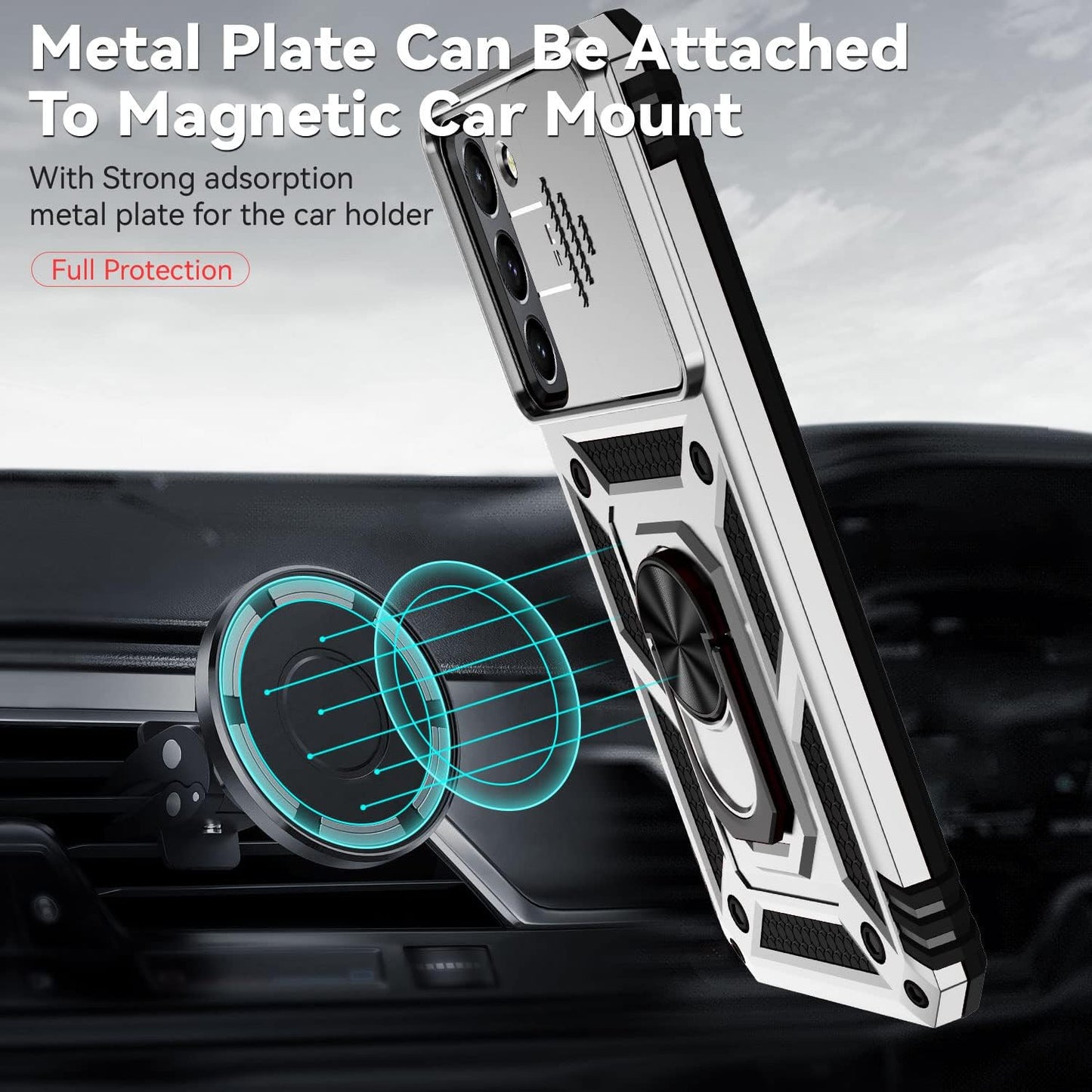 Compatible with Samsung Galaxy S22 Case with Screen Protector and Slide Camera Cover Military Grade Shockproof Heavy Duty Kickstand Bumper Car Mount Full-Body Protective for Samsung S22 Case -Silver  LEZYWONE   