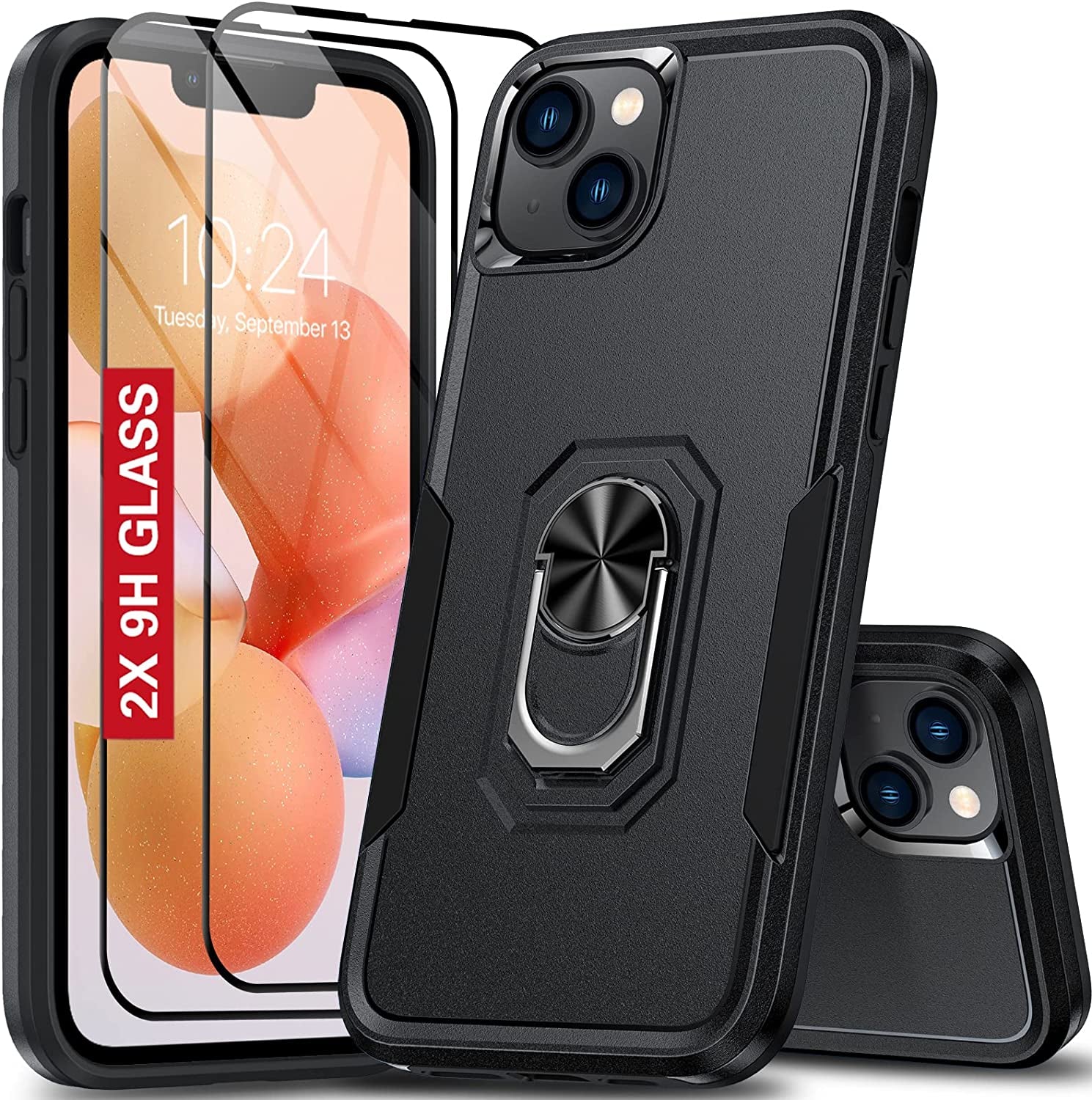 Oterkin for Iphone 14 plus Case, [4 in 1] Iphone 14 plus Phone Case with [2Pcs 9H HD Tempered Glass Screen Protectors][360°Rotatable Stand Ring][10Ft Military Grade] Case for Iphone 14 plus (Pink)  Oterkin Black Iphone 14 Plus 