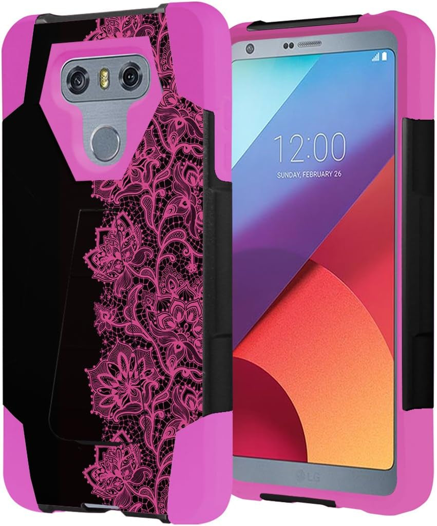 Capsule Case Compatible with LG G6 [Hybrid Fusion Dual Layer Shockproof Combat Kickstand Case Black Pink] for LGG6 LG G6 2017 - (Pink Lace)  HRWireless   
