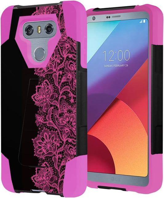 Capsule Case Compatible with LG G6 [Hybrid Fusion Dual Layer Shockproof Combat Kickstand Case Black Pink] for LGG6 LG G6 2017 - (Pink Lace)  HRWireless   