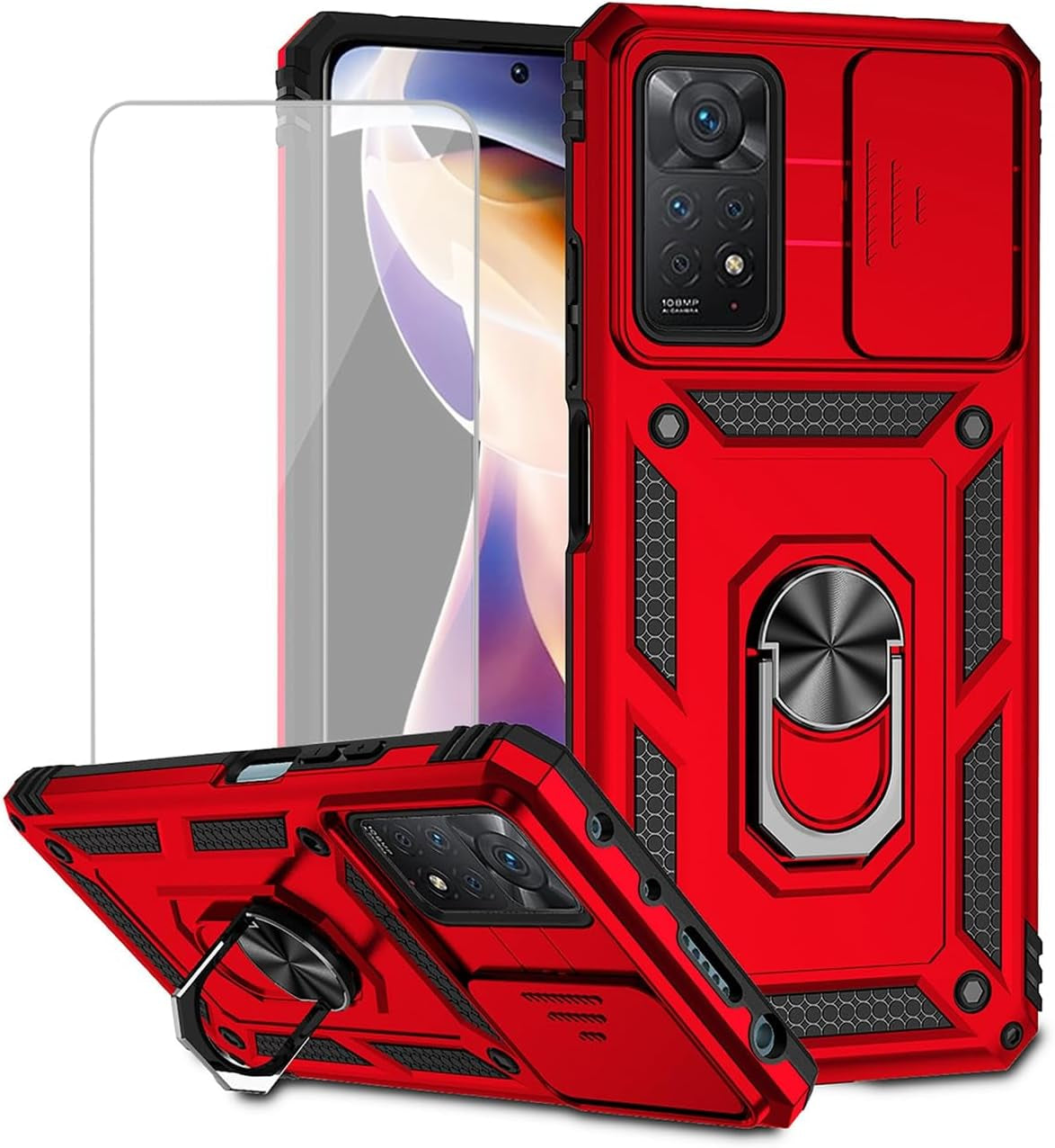 Yodueiv for Redmi Note 11 Pro 4G/5G/Redmi Note 11E Pro Case with Tempered Glass Screen Protector and Slide Camera Cover, Magnetic Ring Car Mount Holder Cover for Xiaomi Redmi Note 11 Pro 5G Black  Yodueiv Red  