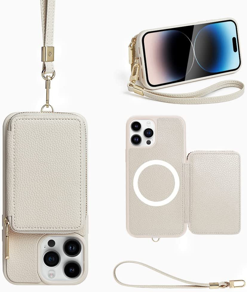 ZVE Wallet Case for Iphone 14 Pro Max 6.7 Inch, Magsafe Zipper Leather RFID Blocking Cards Holder Slots Case with Magnetic Wireless Charging, Protective Cover for Iphone 14 Pro Max 6.7"(2022)-Black  ZVE Beige iPhone 14 Pro Max 