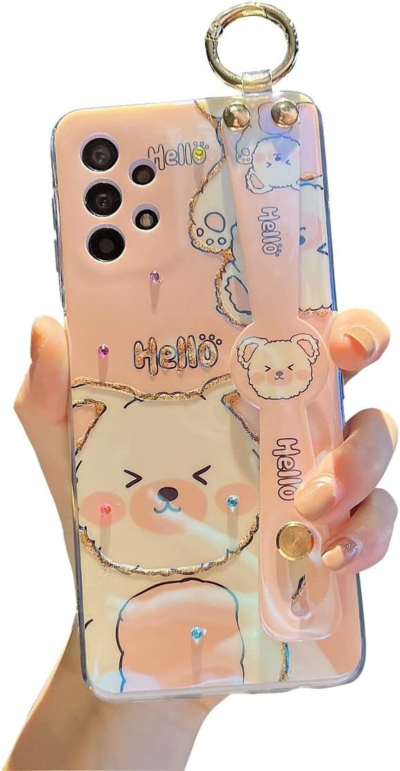 Lastma for Samsung Galaxy A53 Case 5G 6.5" Cute with Wrist Strap Kickstand Case Glitter Bling Cartoon IMD Soft TPU Shockproof Protective Phone Cases Cover for Girls and Women - Sunflower  Lastma Pink Bear  