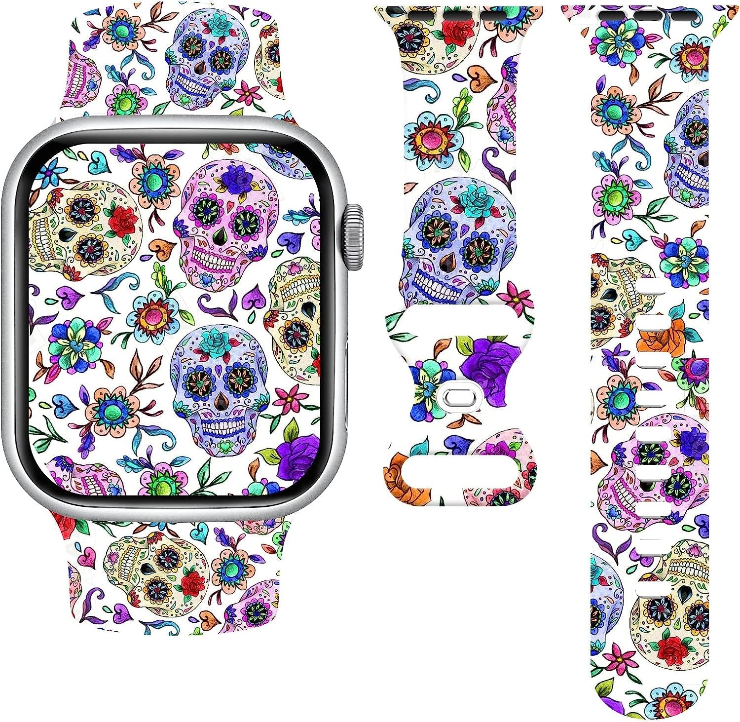 Halloween Watch Band Compatible with Apple Watch 38Mm 40Mm 41Mm 42Mm 44Mm 45Mm, Day of the Dead Decor Replacement Bands Silicone Wristbands Strap Compatible with All Iwatch Series  WANSENCE Style-3 38mm/40mm/41mm 