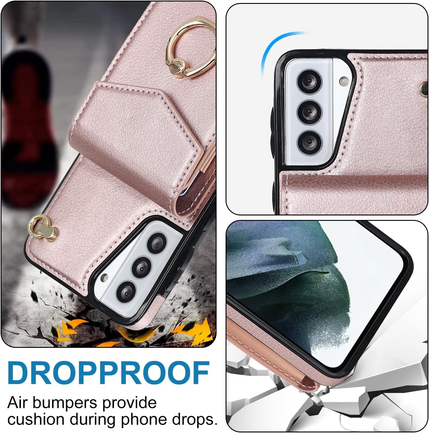 Asuwish Phone Case for Samsung Galaxy S21 plus S21+ 5G Wallet Cover with Tempered Glass Screen Protector and RFID Blocking Ring Credit Card Holder Cell S21+5G S21Plus 21S + S 21 21+ G5 Women Rose Gold  Asuwish   