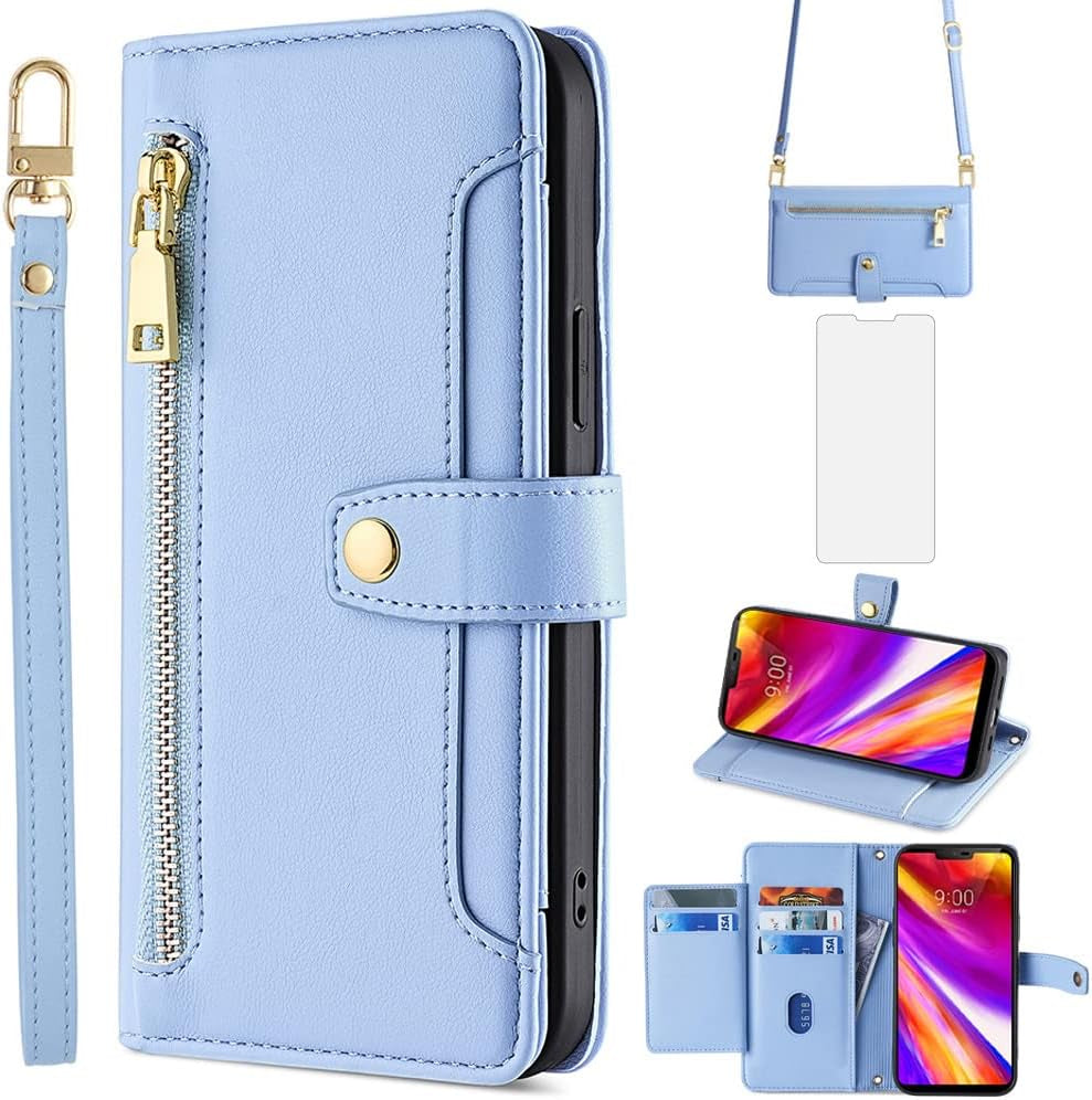 Asuwish Phone Case for LG G7 Thinq Wallet Cover and Tempered Glass Screen Protector Leather Card Holder Zipper Stand LGG7 One G 7 plus LG7 Fit Lg7Thinq 7G Thin Q G7+ G7Thinq Lgg7Thinq Women Men Black  Asuwish Blue  