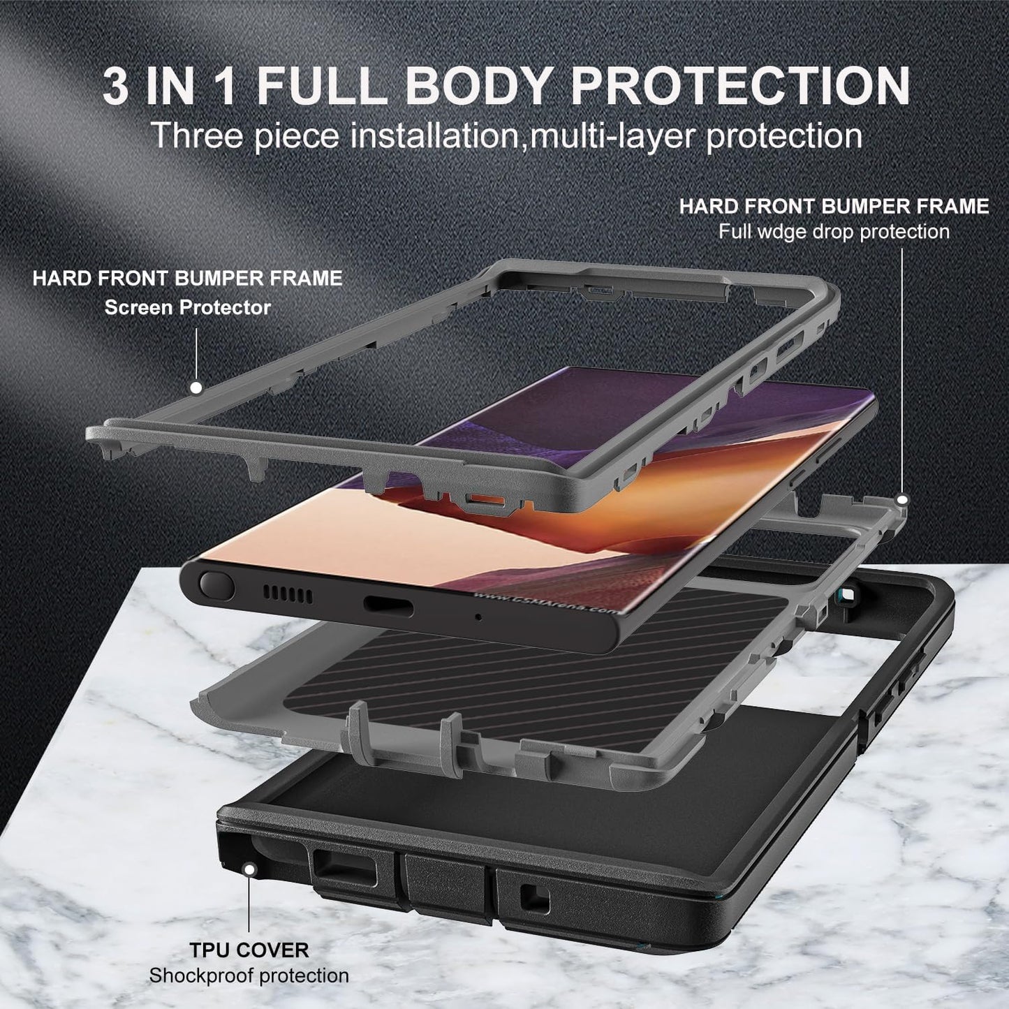 YKHJKLEC for Samsung Galaxy Note 20 Ultra Case, with 2Pcs [Self Healing Flexible TPU Screen Protector & Camera Lens Protector] 3 in 1 Heavy Duty Case for Galaxy Note 20 Ultra 5G (Black/Grey)  YKHJKLEC   